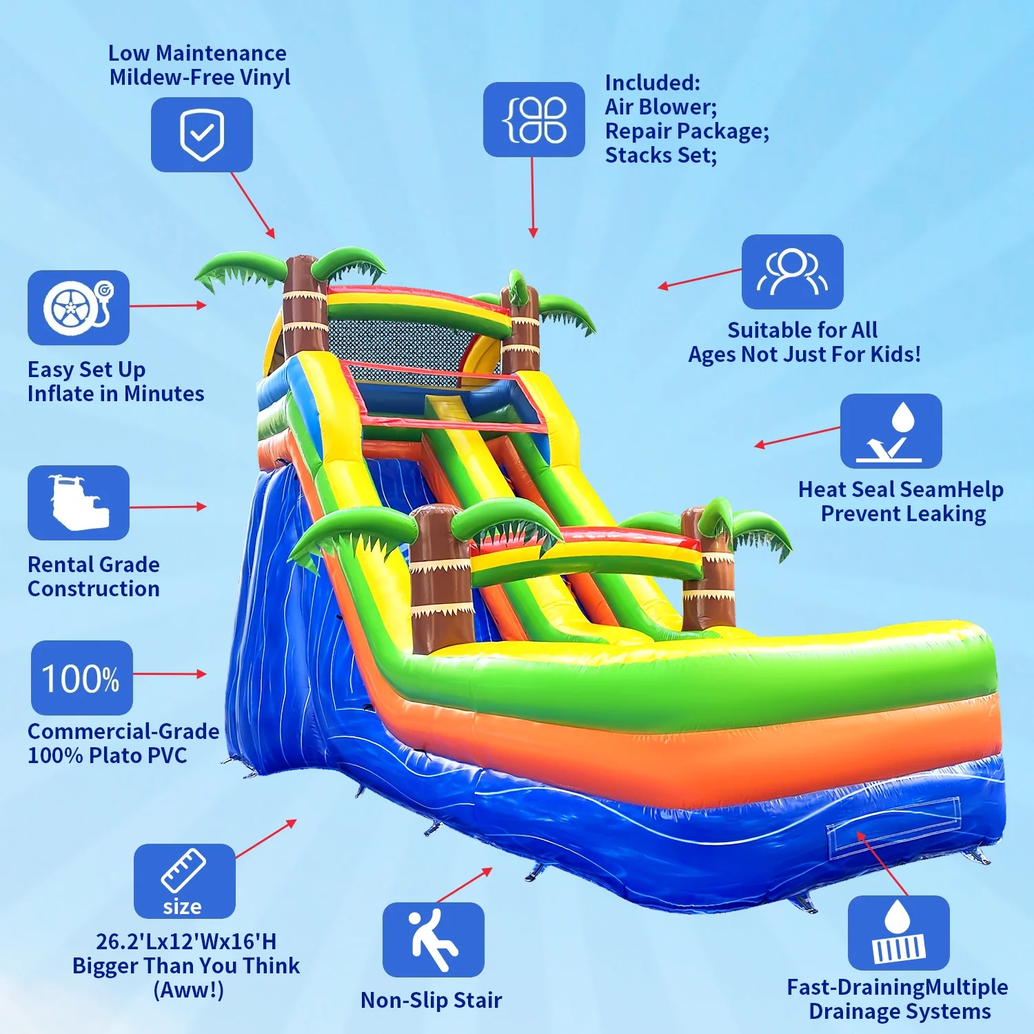 GOOSH 16' x 26.2' Inflatable Water Slide with Air Blower, Blow Up Water Slides for Backyard Outdoor Fun, Large Water Slide-Climbing Wall, Slides & Splash Pool