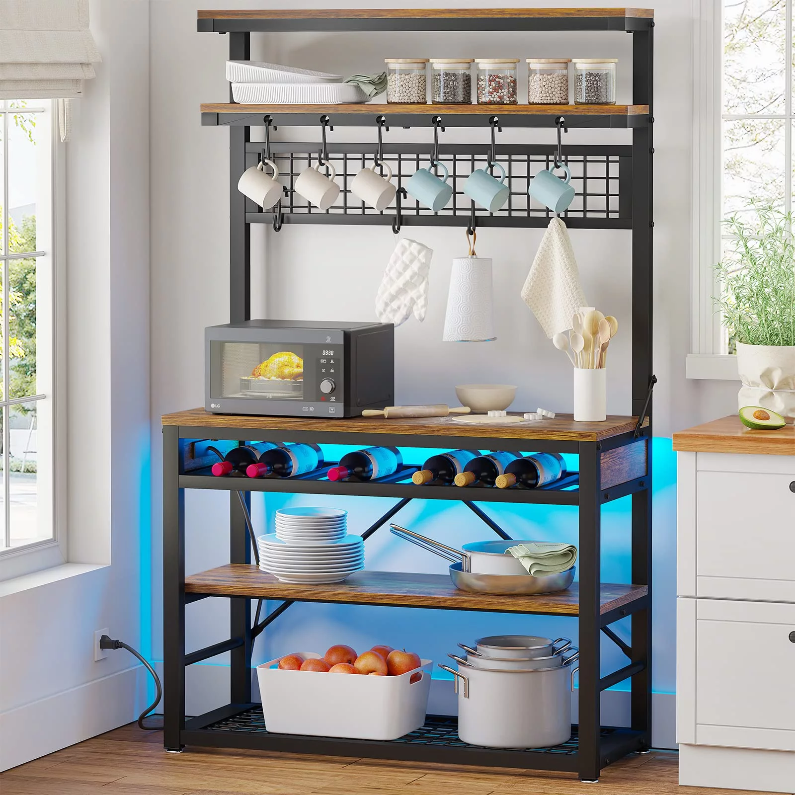 AOGLLATI Bakers Rack with USB Charging Ports, 6-Tier Coffee Bar with LED Lights & Storage, Microwave Stand with Wine Rack,Rustic Brown