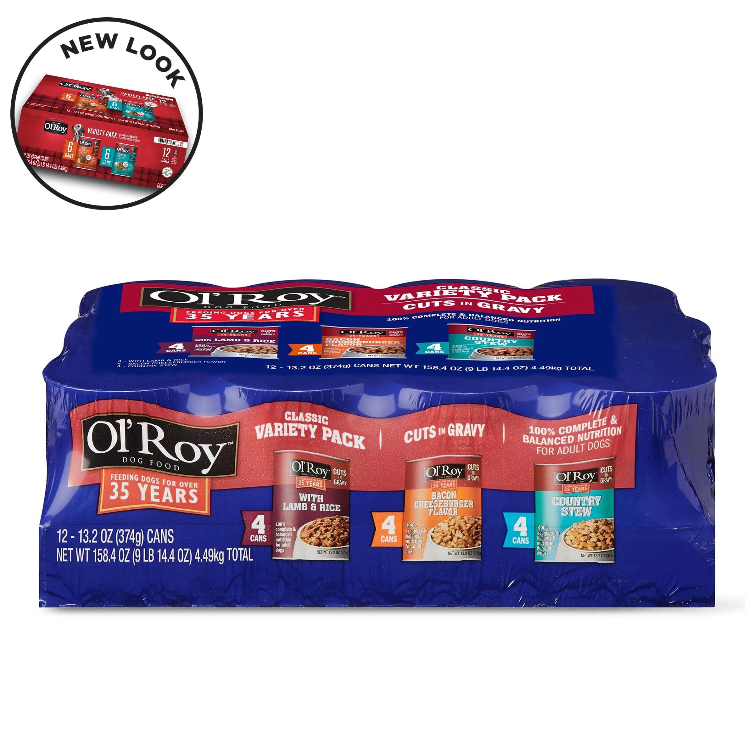 (12 Pack) Ol' Roy Cuts in Gravy Wet Dog Food Variety Pack, Lamb & Rice, Bacon Cheeseburger and Country Stew, 13.2 oz