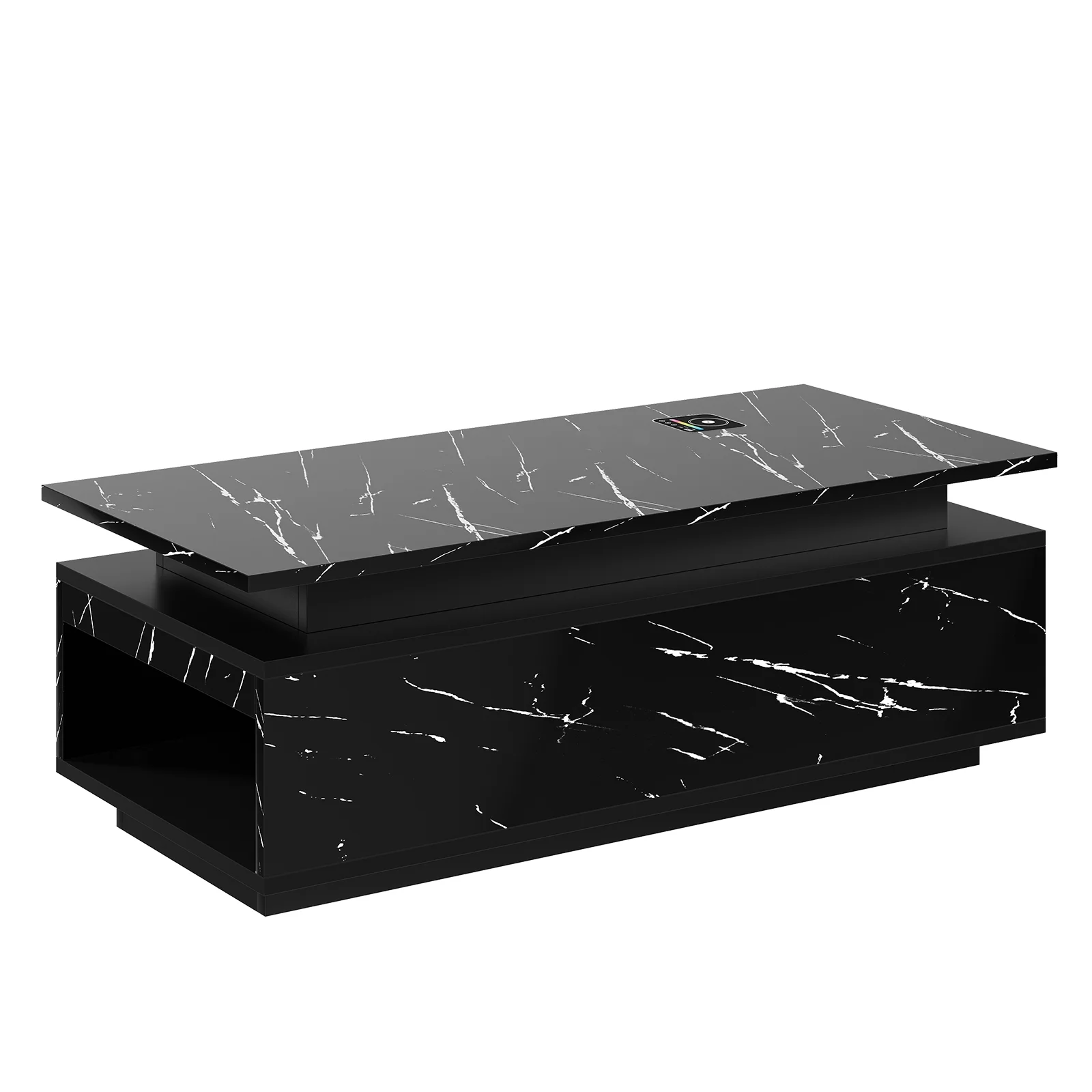 Buenhomino Black LED Coffee Table for Living Room, Modern High Glossy Center Table with Wireless Charging and Bluetooth Speaker, Smart Cocktail Table Rectangle, Sofa Side Tea Tables with LED Lights