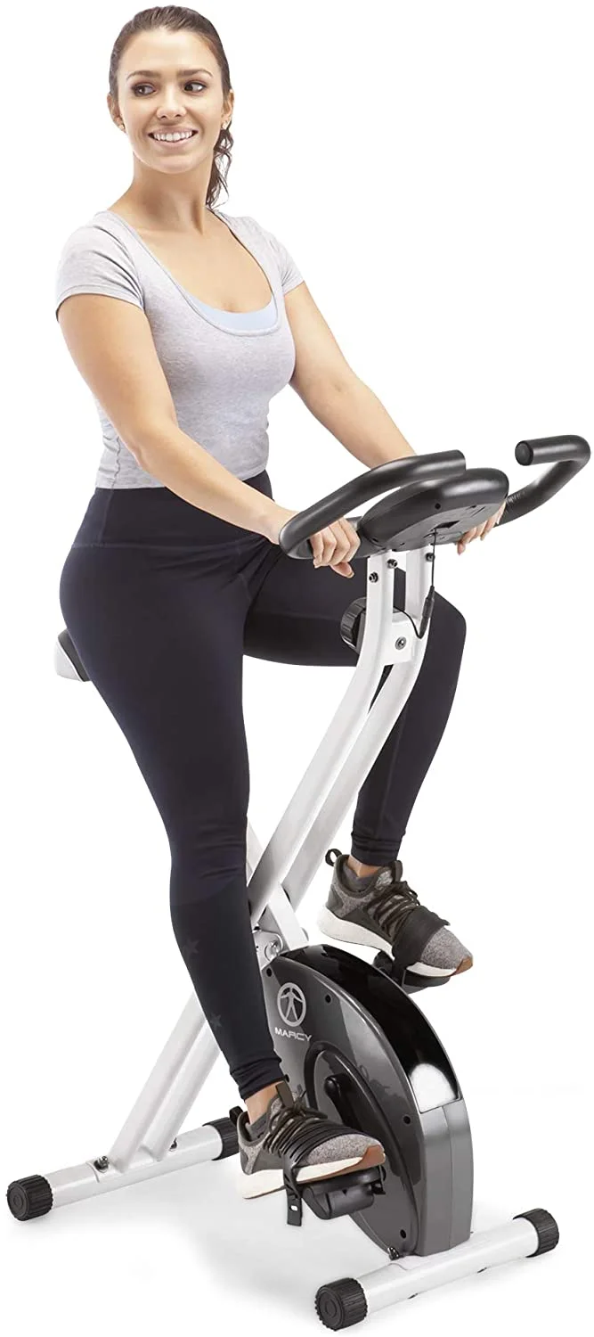 Marcy Foldable Upright Exercise Bike with Adjustable Resistance for Cardio Workout & Strength Training, White