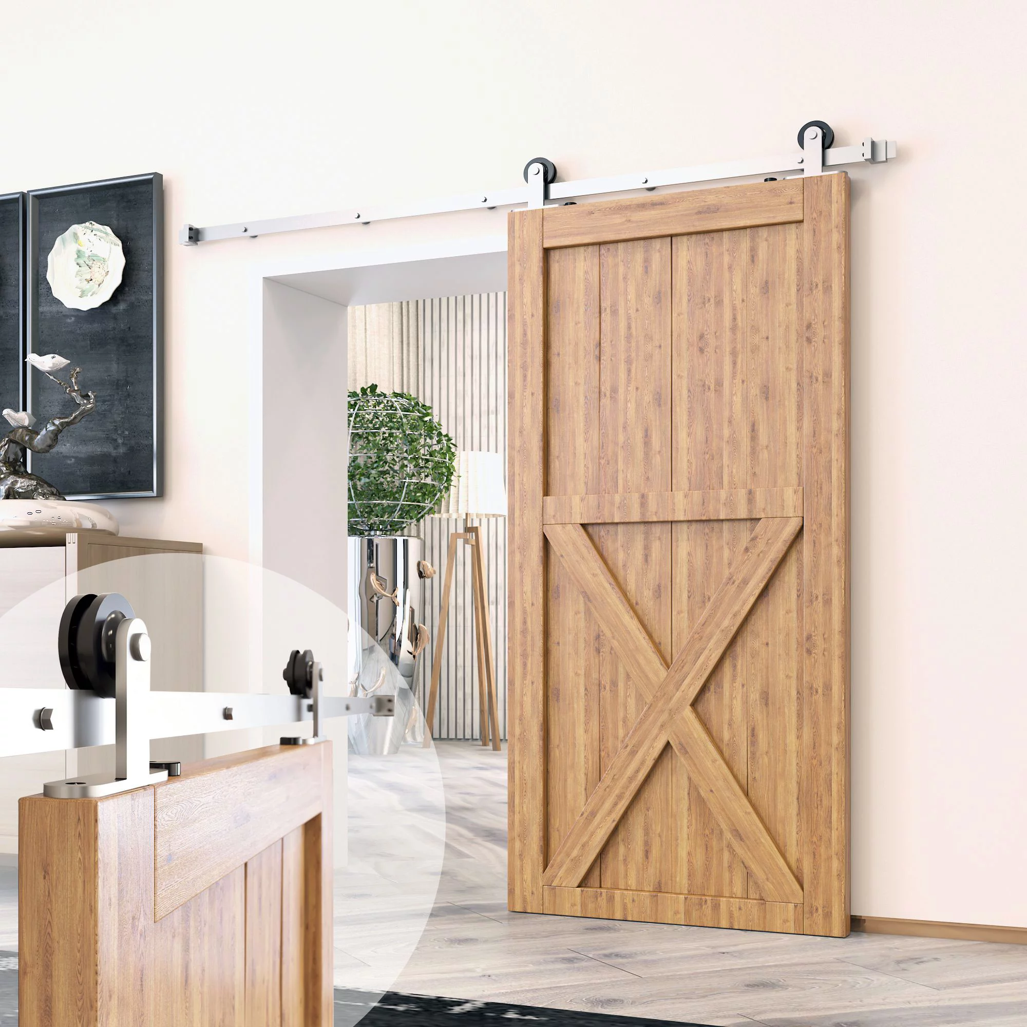 Homacer Brushed Nickel Sliding Barn Door Hardware Kit, for One/Single Door, 6.6ft Long Flat Track, T-Shape Design Roller, Heavy Duty, for Interior & Exterior Use