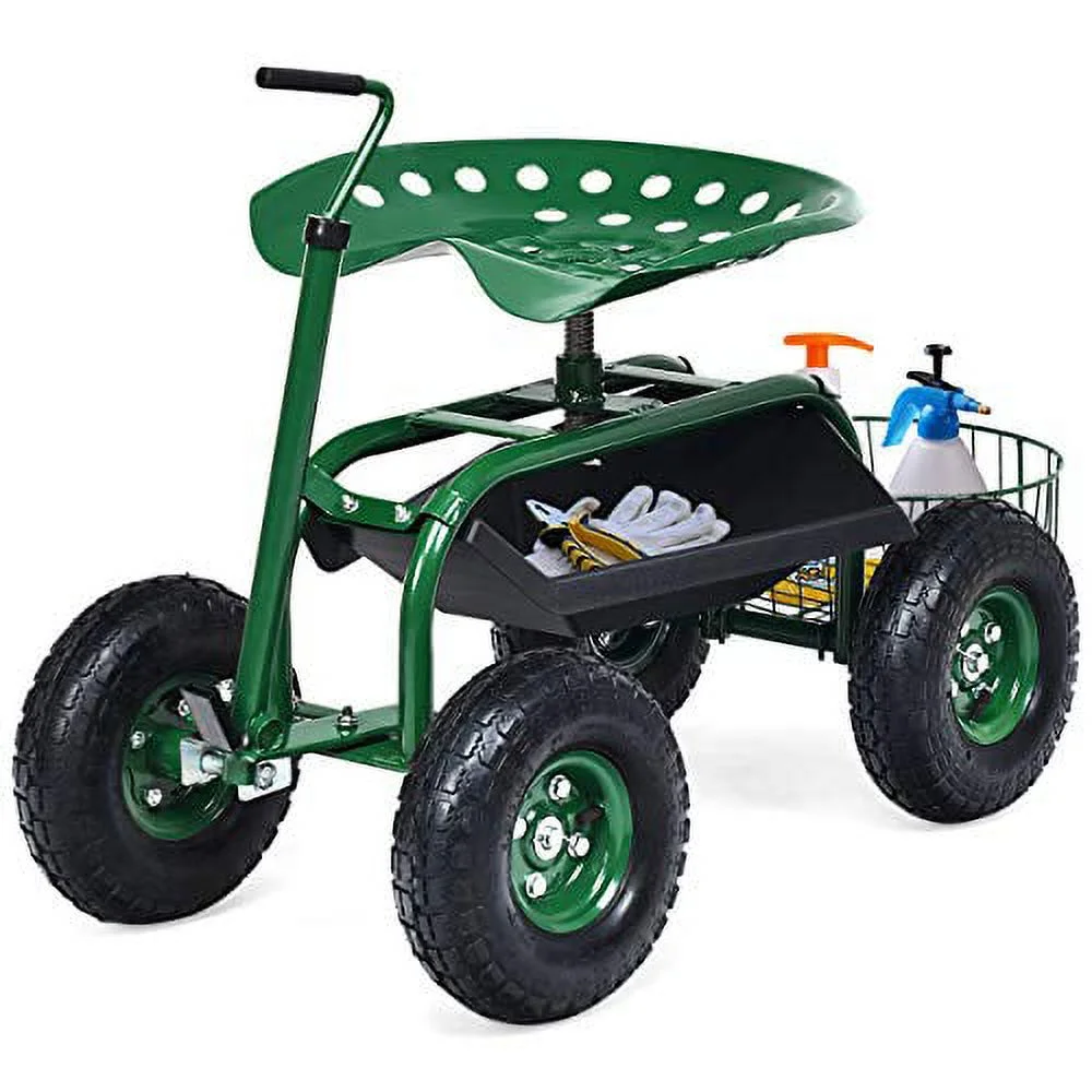 Rolling Garden Cart with Seat, Heavy Duty Gardening Scooter w/ Wheels, Storage & Extendable Steering Handle, Garden Work Seat for Planting, Green