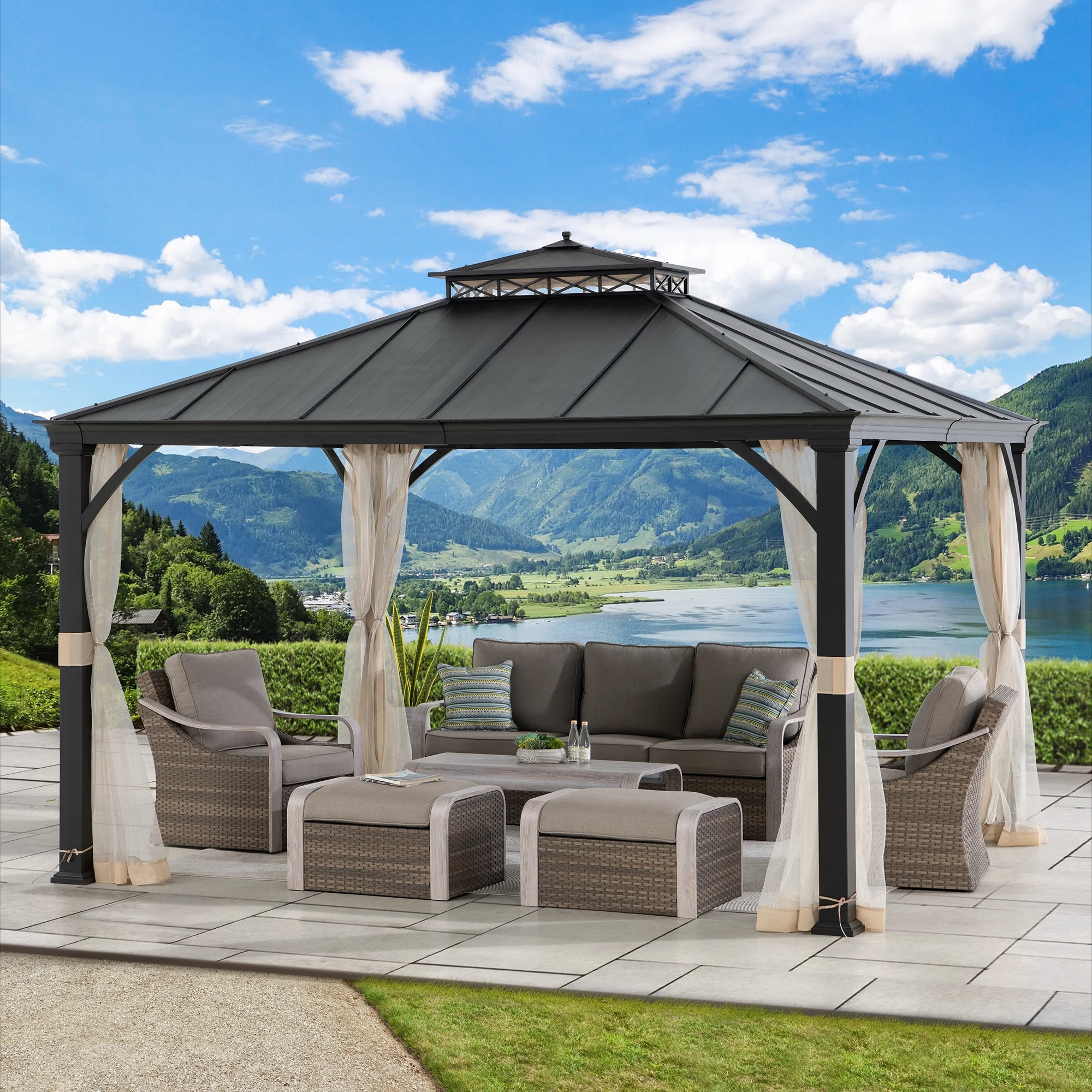 Sunjoy Outdoor Patio 11x13 Black 2-Tier Backyard Hardtop Gazebo with Metal Ceiling Hook and Netting