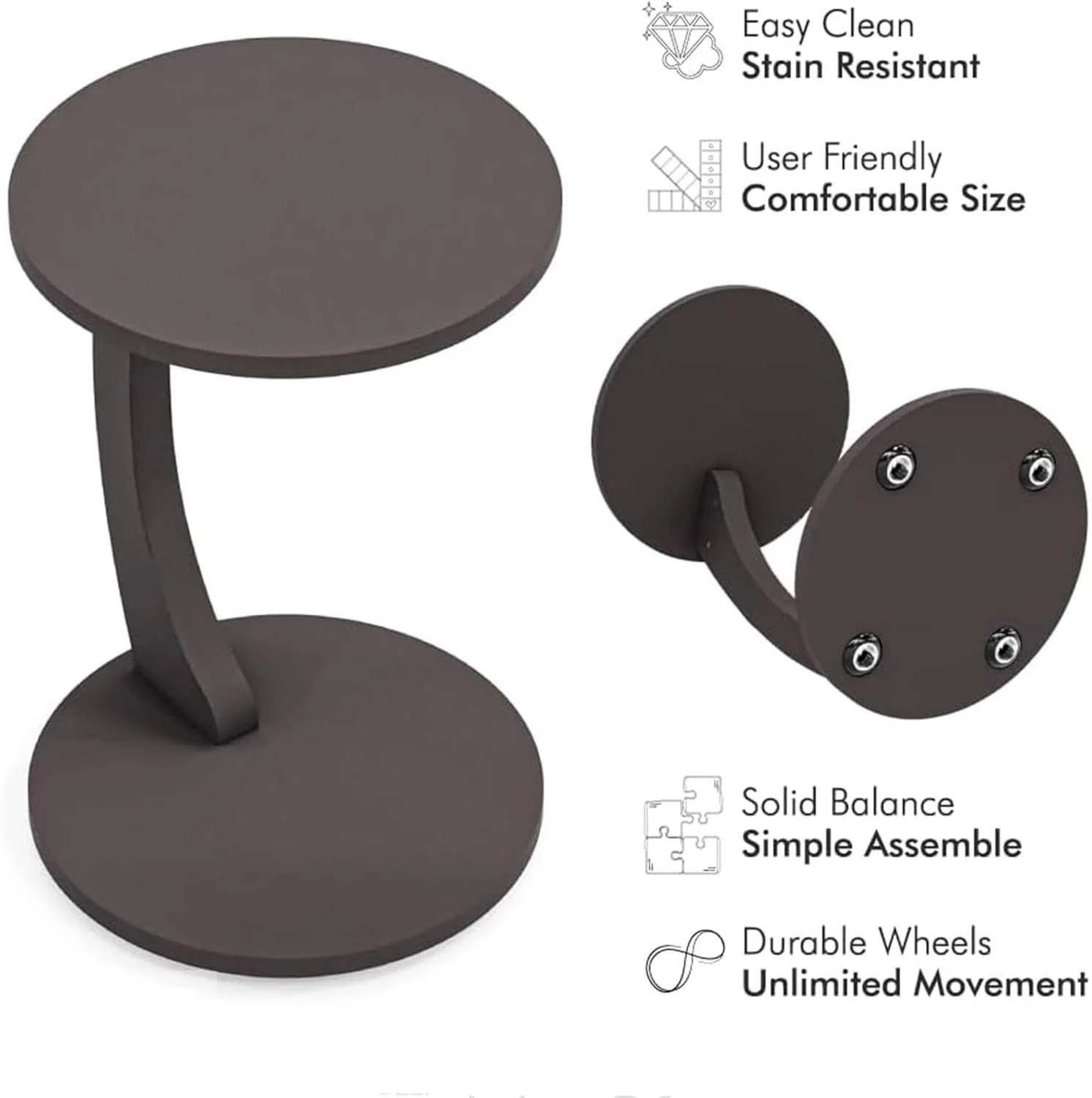 C-Shaped End Table with Rolling Wheels - Easy to Assemble, Grey