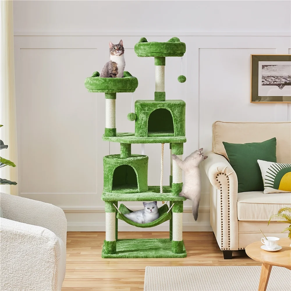 Smile Mart 62.5'' Height Multilevel Cat Tree with 2 Condos & 2 Foam-Padded Perches, Green