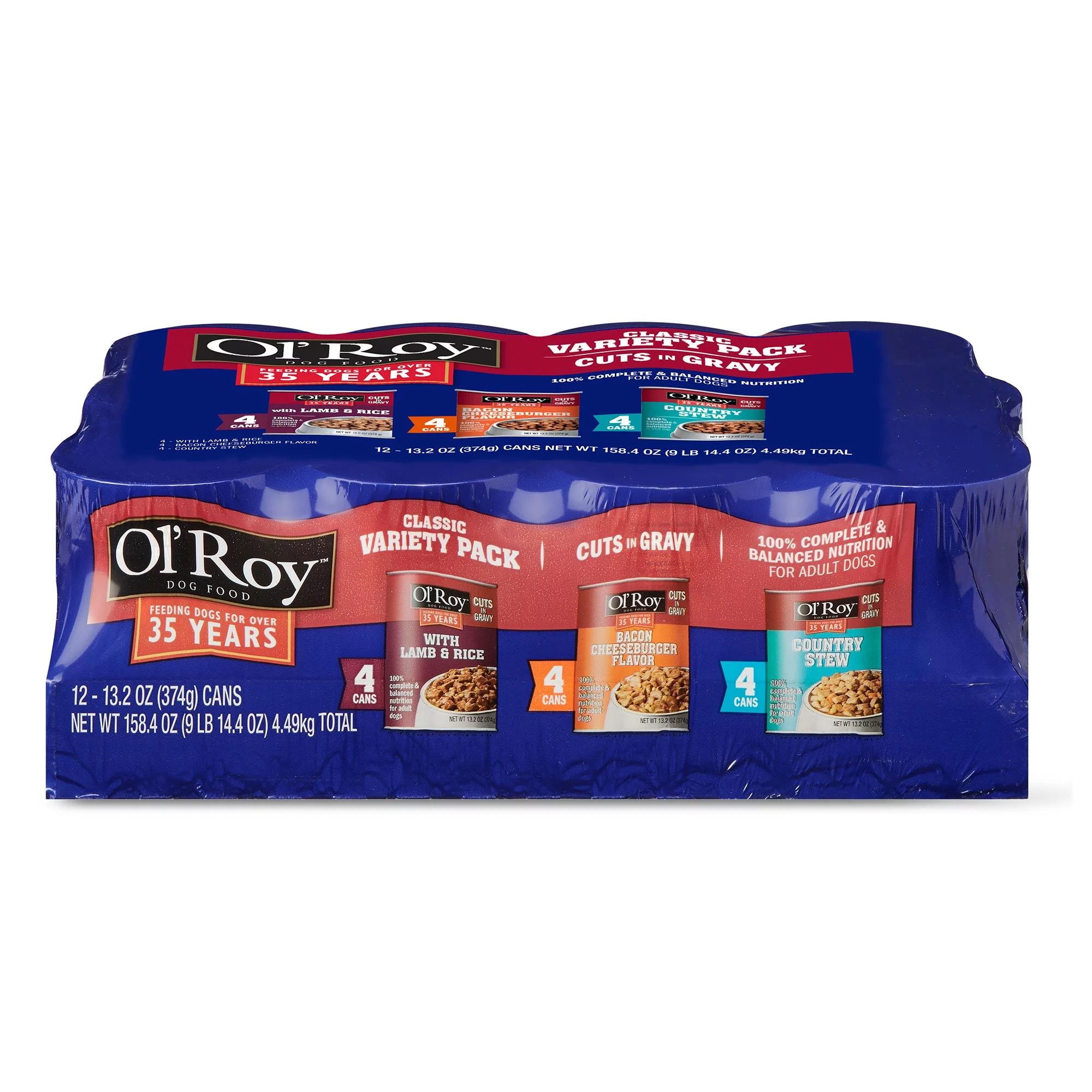 (12 Pack) Ol' Roy Cuts in Gravy Wet Dog Food Variety Pack, Lamb & Rice, Bacon Cheeseburger and Country Stew, 13.2 oz