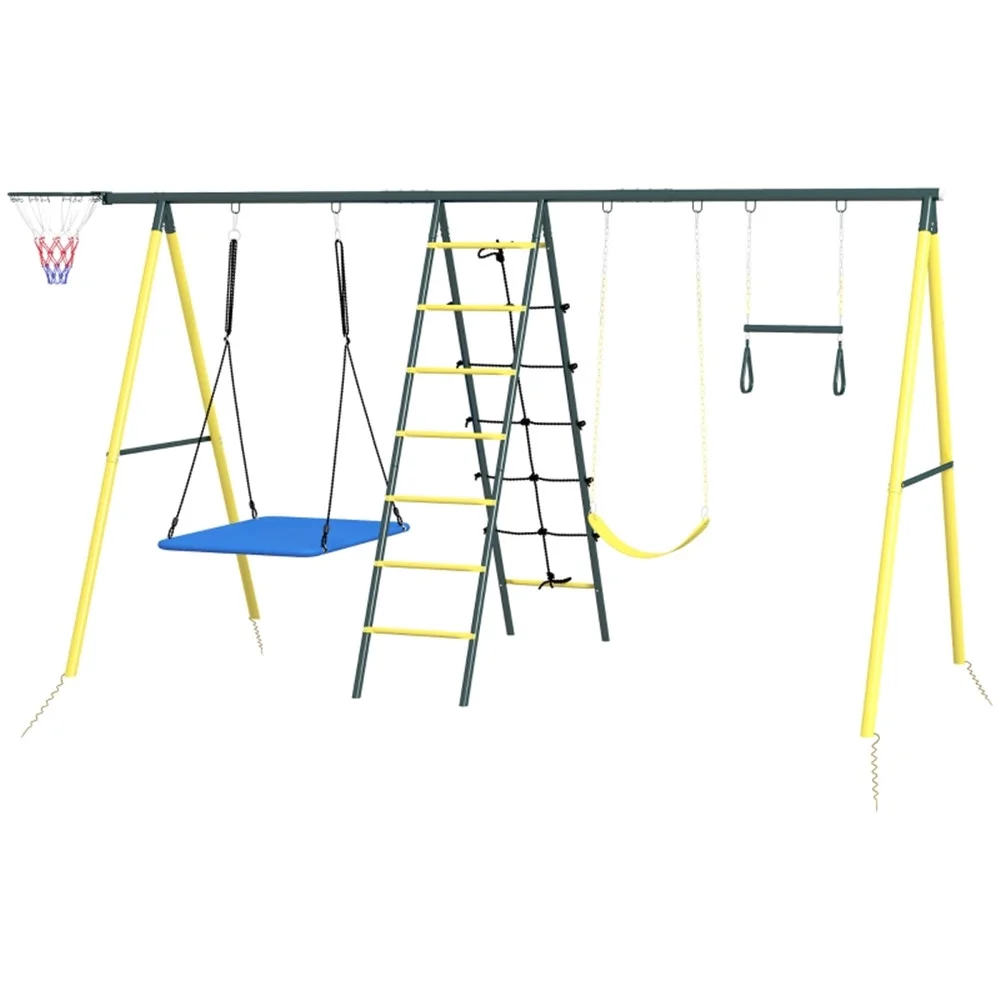 Swing Set with Adjustable Canopy and Cushioned Seat - Weather-resistant Outdoor Swing for Backyard Patio or Garden Use