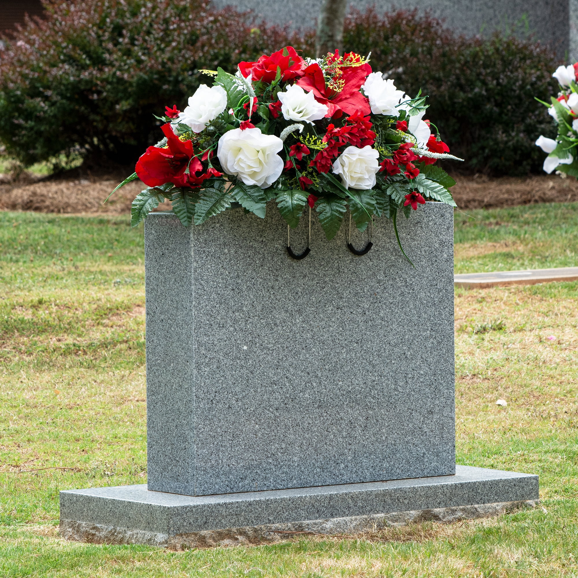 Sympathy Silks Artificial Cemetery Flowers Red Amaryllis White Roses 1 Bouquet & 1 Saddle