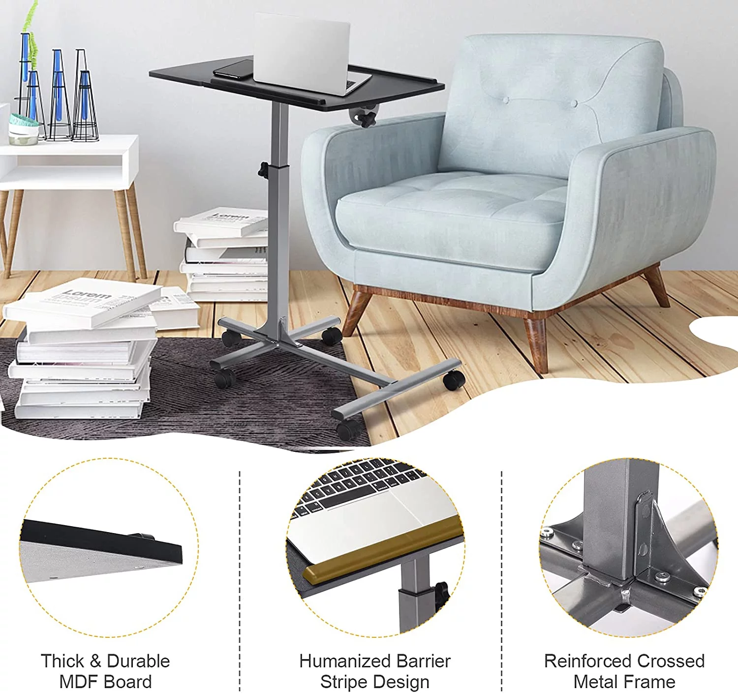 Overbed Laptop Desk, Mobile Laptop Stand with Tilting Tabletop, Rolling Height Adjustable Bedside Table with Mouse Pad Cup Holder