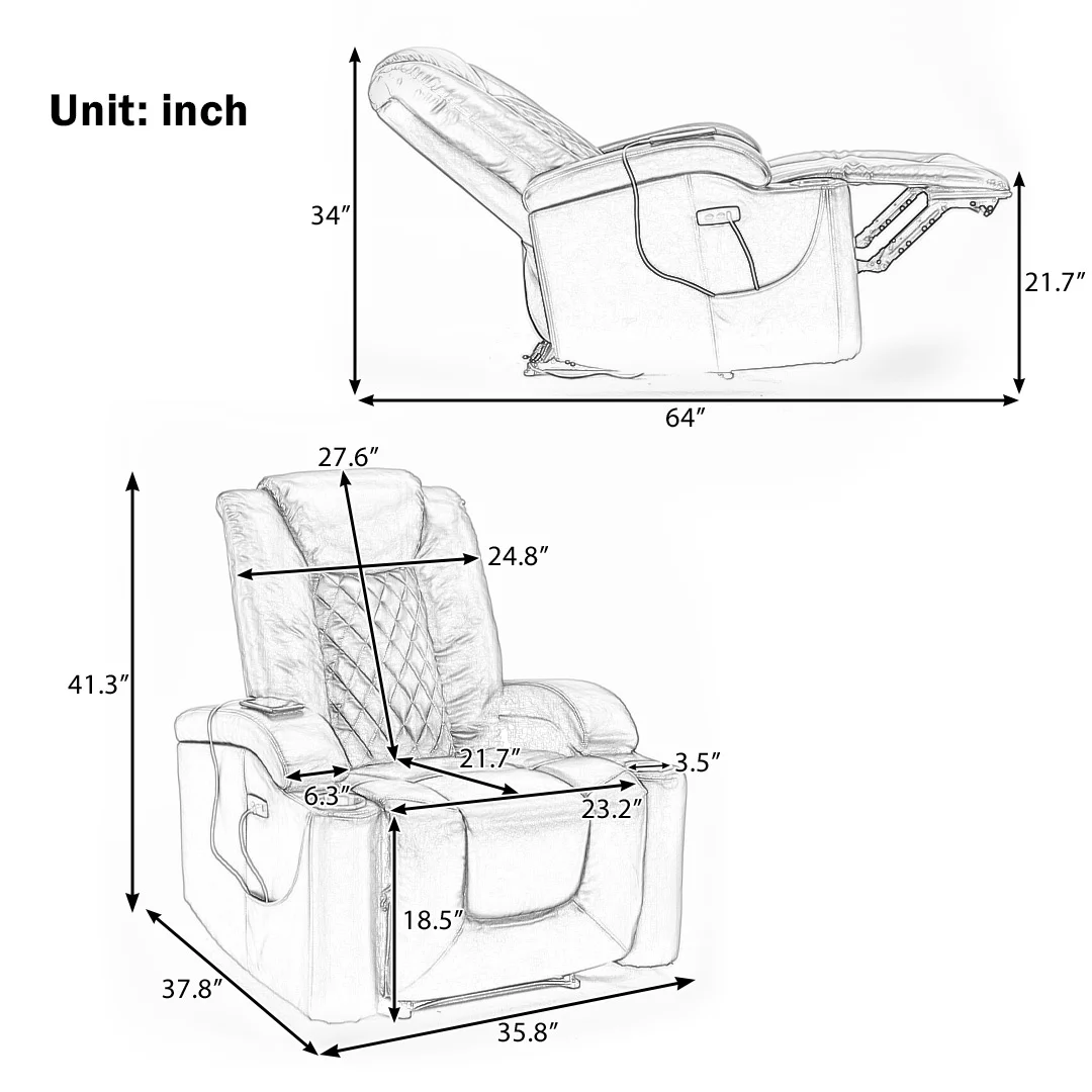 Power Motion Recliner with USB Charge Port and Cup Holder -PU Lounge chair for Living Room,Brown(Old Sku:PP194010DAA）