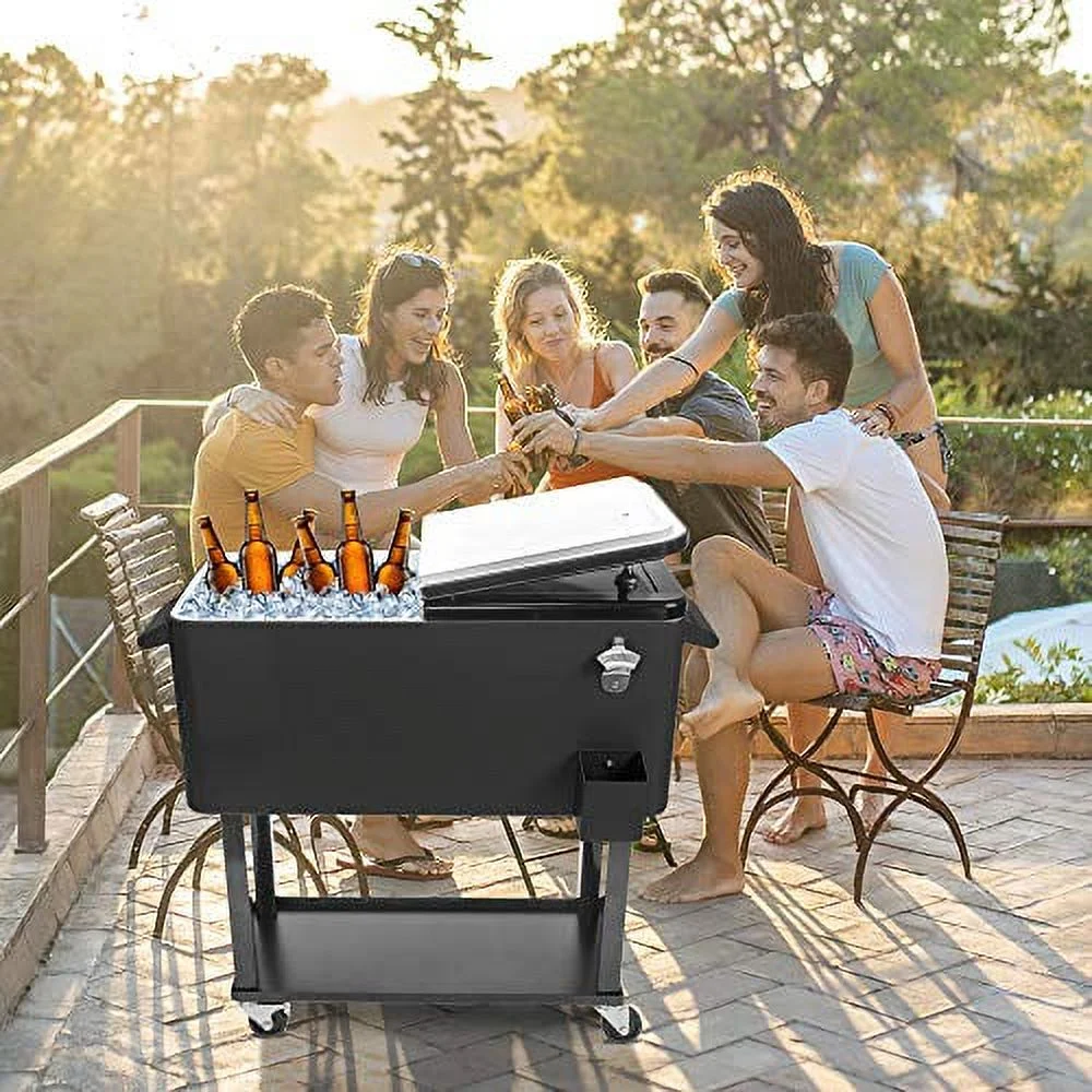 XINGJUCHEN 80 Quart Rolling Cooling Bins Ice Chest on Wheels - Outdoor Stand Up Drink Cooler Cart with Bottle Opener Drainage, Perfect for Backyard Patio Deck Parties and Entertaining Guests (Black)