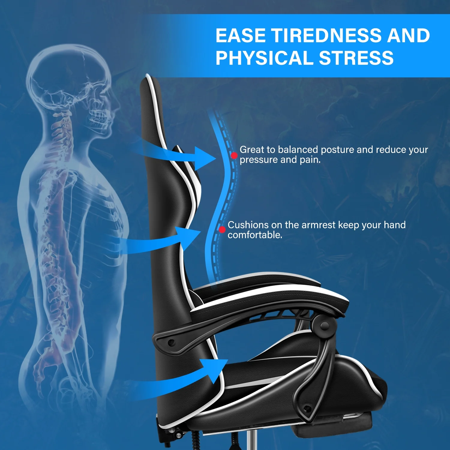 Huracan Racing Video Backrest and Seat Height Recliner Gaming Office High Back Computer Ergonomic Adjustable Swivel Chair, With footrest, Black/White