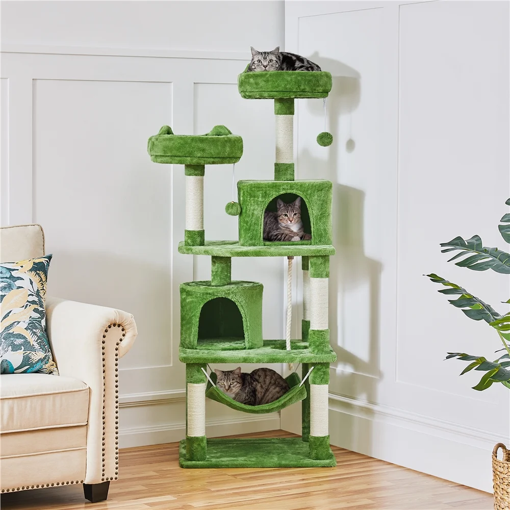 Smile Mart 62.5'' Height Multilevel Cat Tree with 2 Condos & 2 Foam-Padded Perches, Green