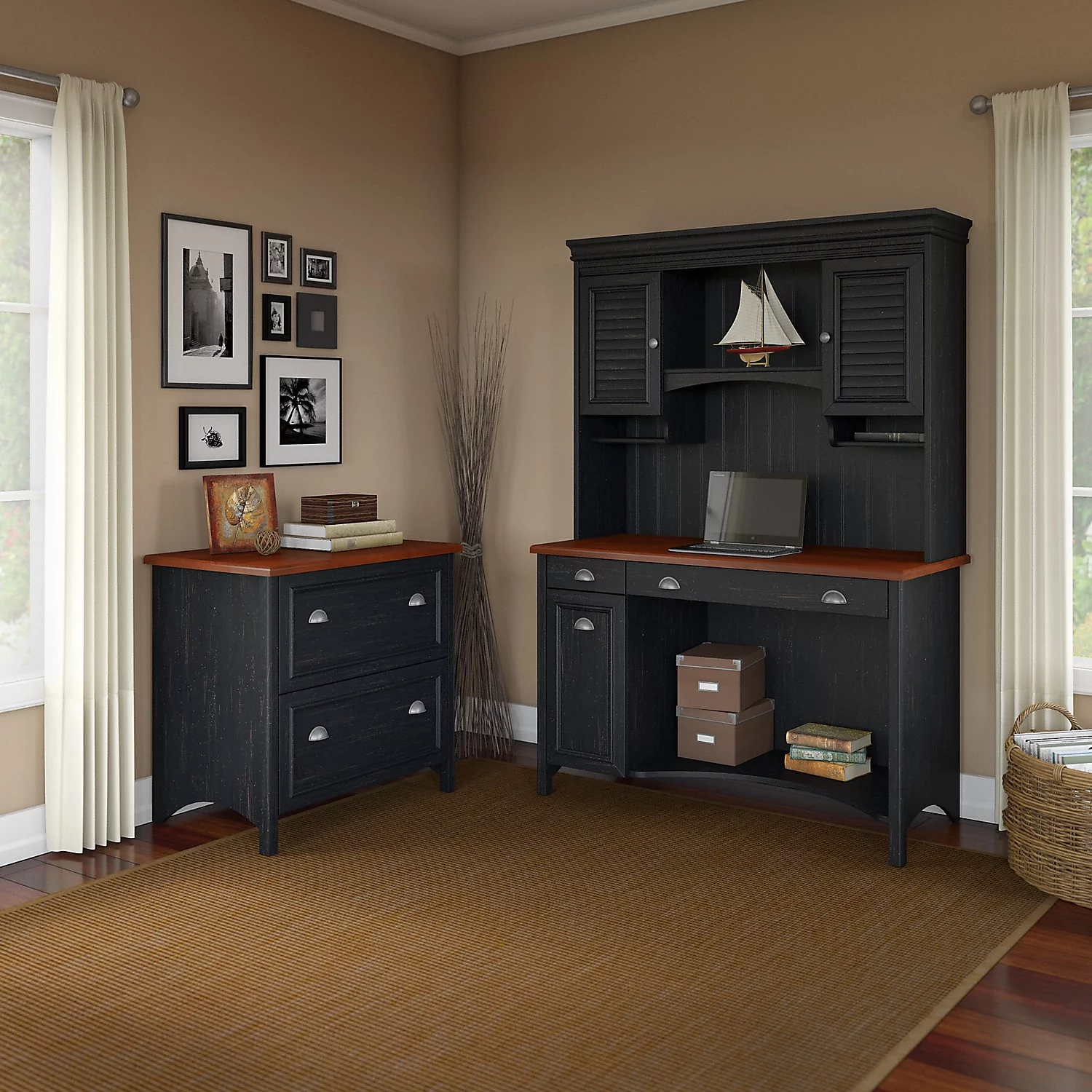Bush Furniture Desk w/Hutch & 2 Drawer Lateral File Cab 48W Antique Black/Cherry STF006AB
