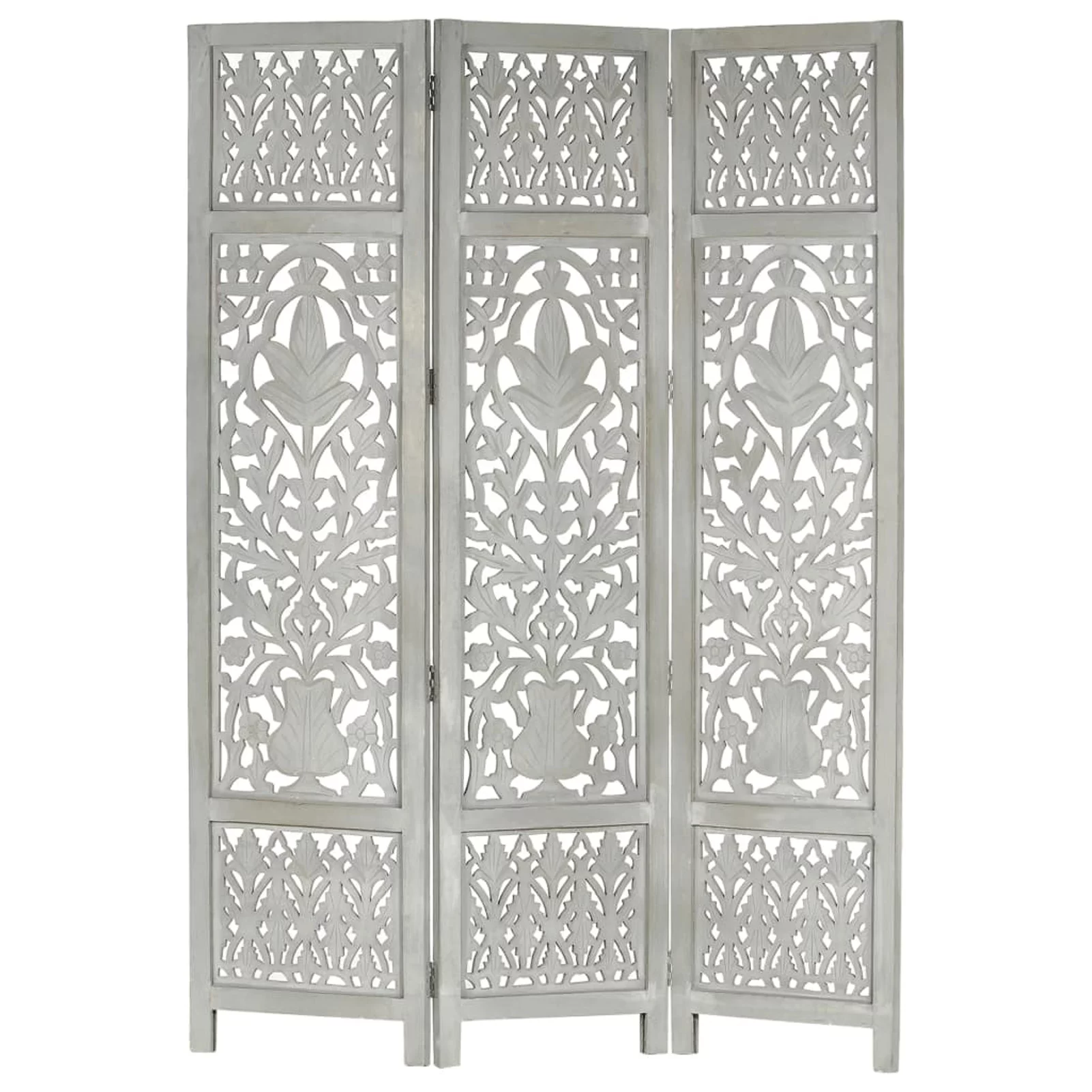 Anself Hand Carved 3-Panel Room Divider Freestanding Room Partition Panel Folding Screen Mango Wood Gray for Bedroom, Bathroom, Living Room, Dining Room, Home Furniture 47.2 x 65 Inches (W x H)