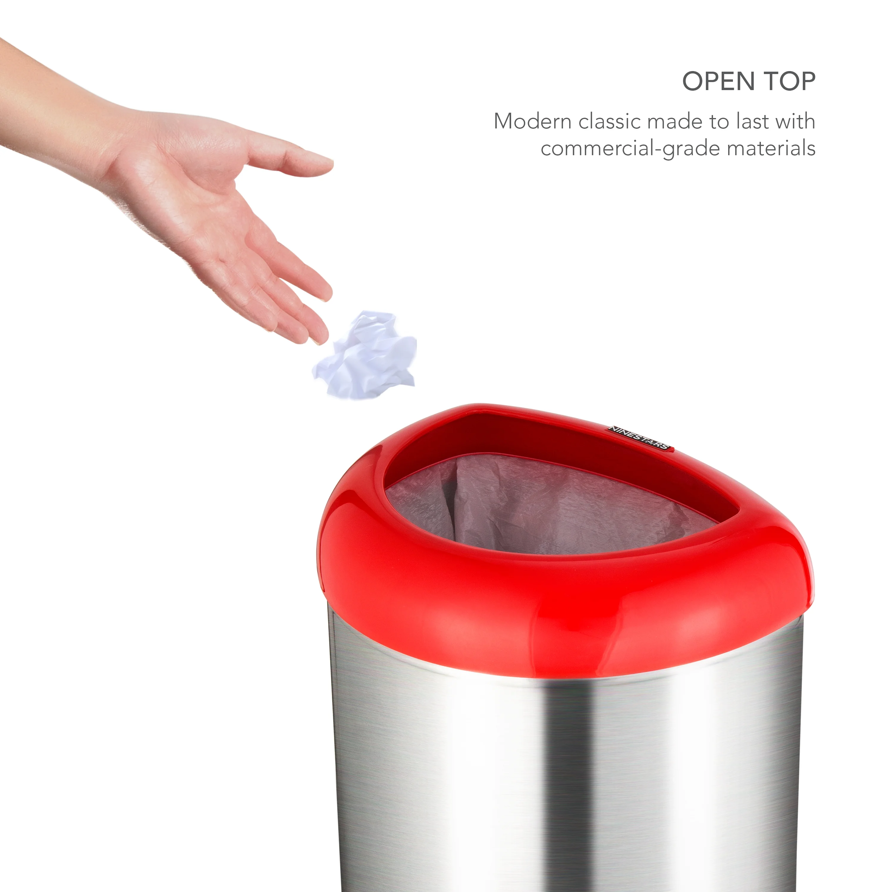 Nine Stars 13.2 gal / 50L Open Top Trash Can Red, Fingerprint-Resistant Stainless Steel