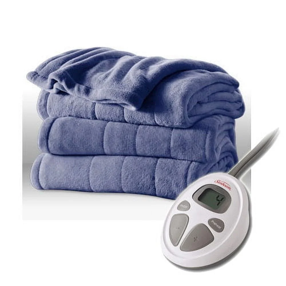 Sunbeam Heated Electric Blanket Channeled Microplush Twin Size Lagoon Blue