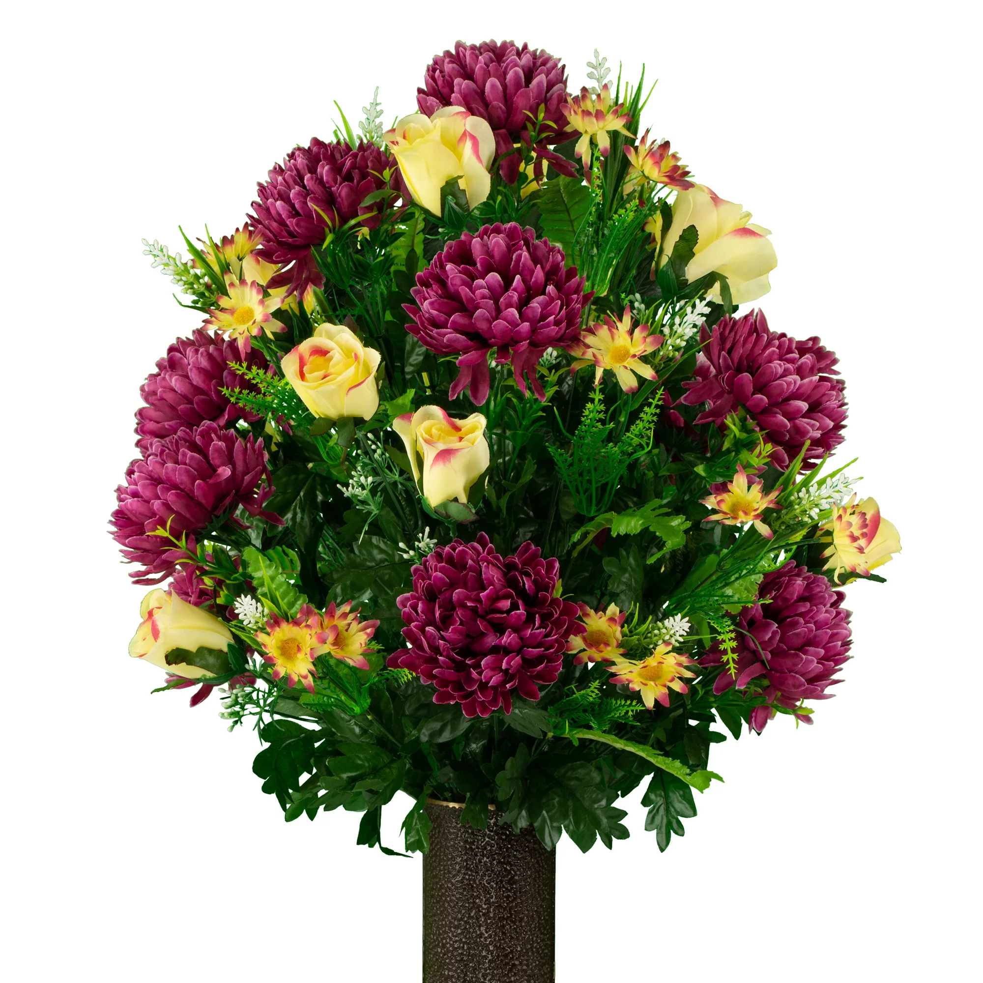 Sympathy Silks Artificial Cemetery Flowers Plum Mums and Cream Roses Bouquet with Vase
