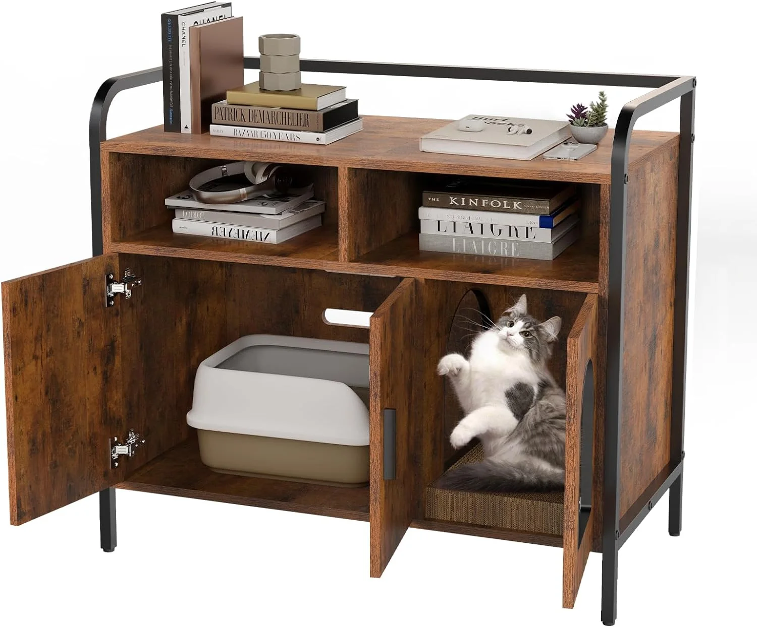 Litter Box Enclosure, Cat Litter Box Furniture Hidden, Cat Washroom Bench Storage Cabinet Large with Double Doors and Open Shelf for Bedroom, Living Room