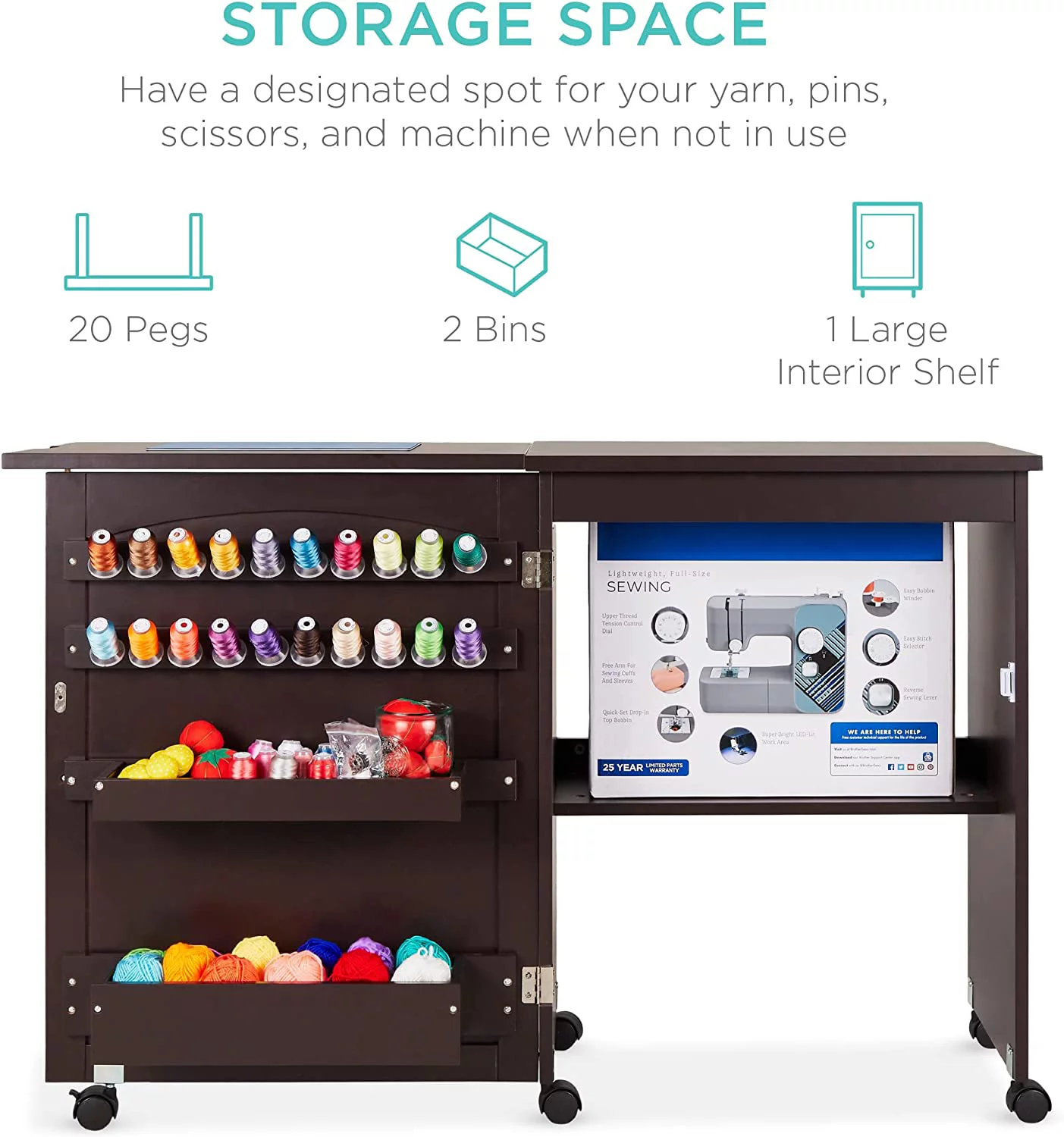 Folding Sewing Table Multipurpose Craft Station & Side Desk with Compact Design, Wheels, Shelves, Bins, Pegs, Magnetic Doors, Metal Doorknobs - Espresso