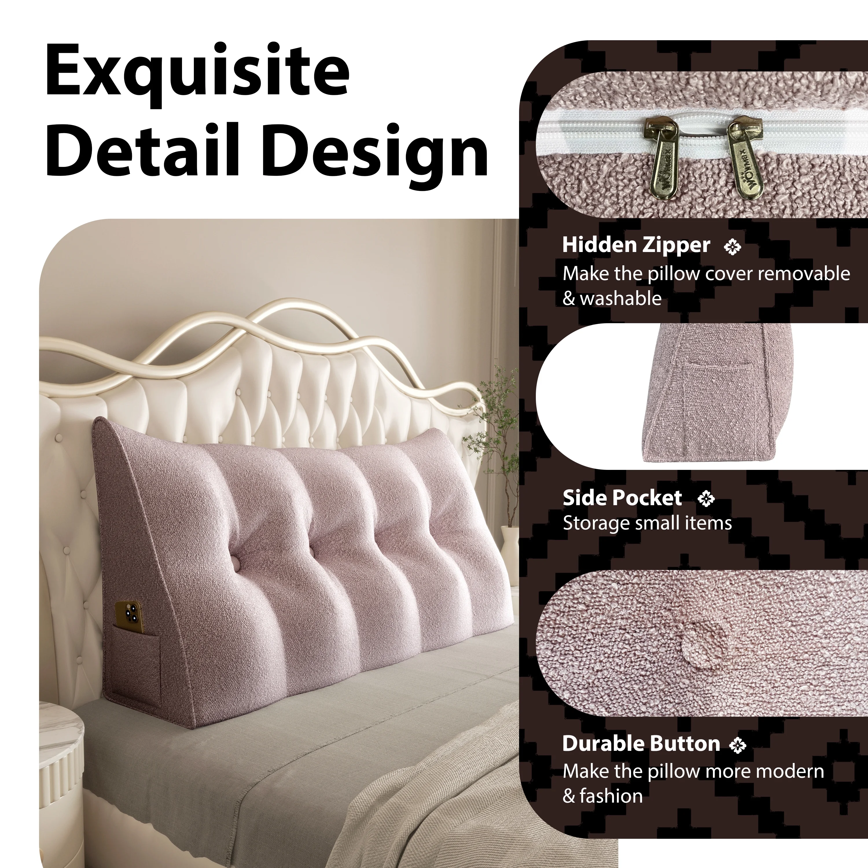 Rounuo Triangle Reading Pillow Full Size XXL Wedge Headboard Extra Large Back Support Pillow for Sitting up in Bed Daybed Bolster Backrest Cushion Velvet Pink