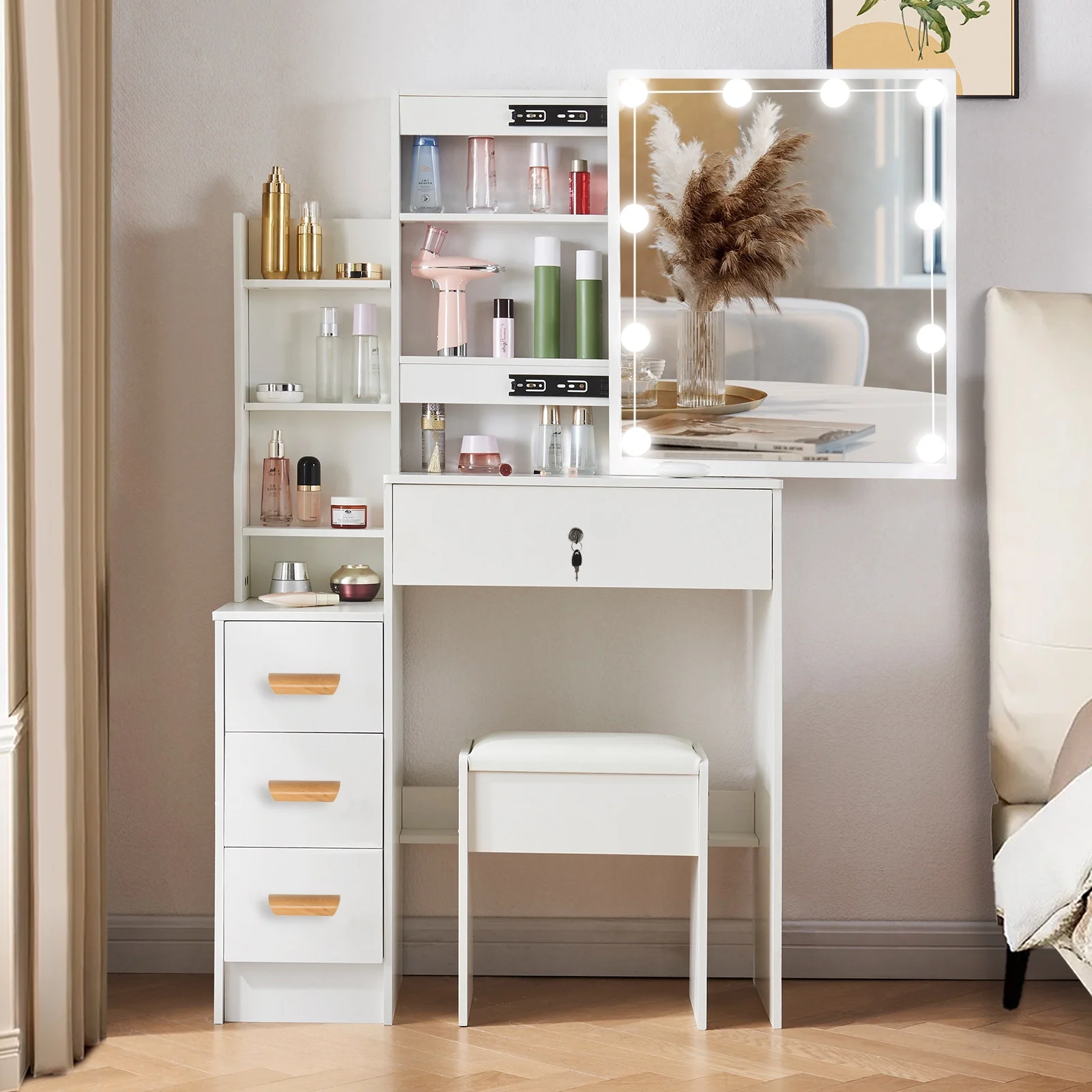 Ciumeeo Makeup Vanity Table with Lighted Mirror, Vanity Desk with Storage Shelves,3 Lighting Modes, Brightness Adjustable, Writing Desk with 4 Drawers White