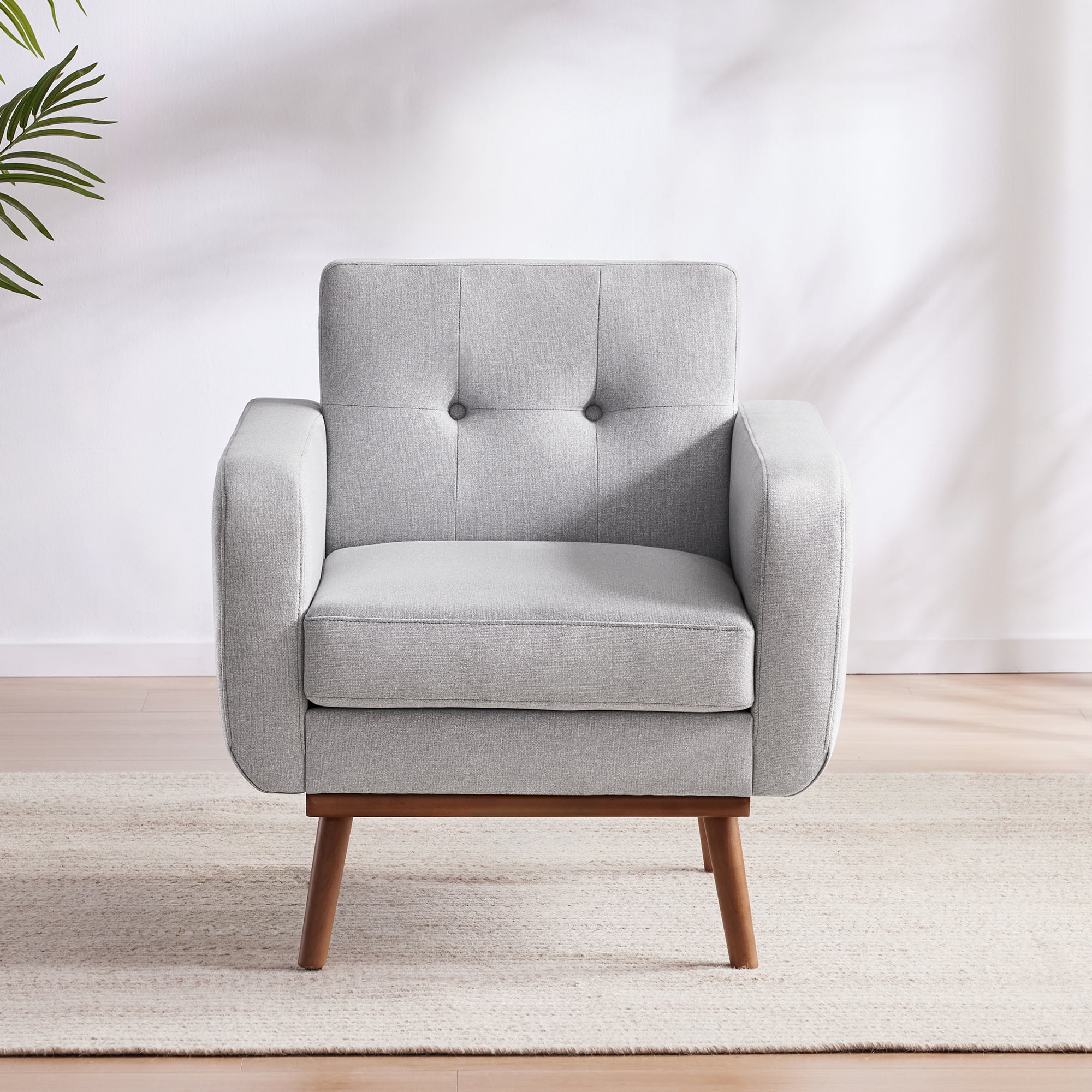 HUIMO Linen Fabric Accent Chair, Mid Century Modern Arm Chair for Living Room, Button Tufted Upholstered Armchair Comfy Reading Sofa for Bedroom, Club Chair (Gray)