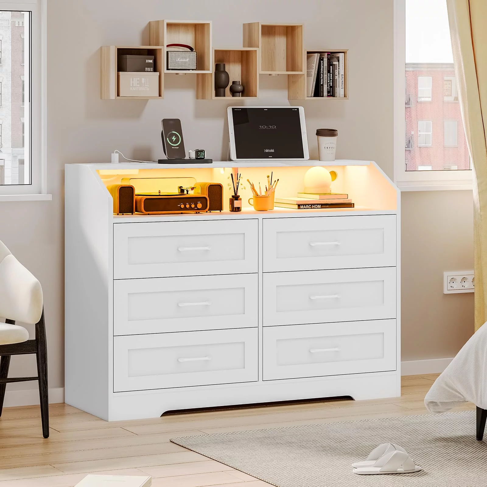 Dresser for Bedroom, 6 Drawer Dresser with LED Lights and Charging Station, White Finish