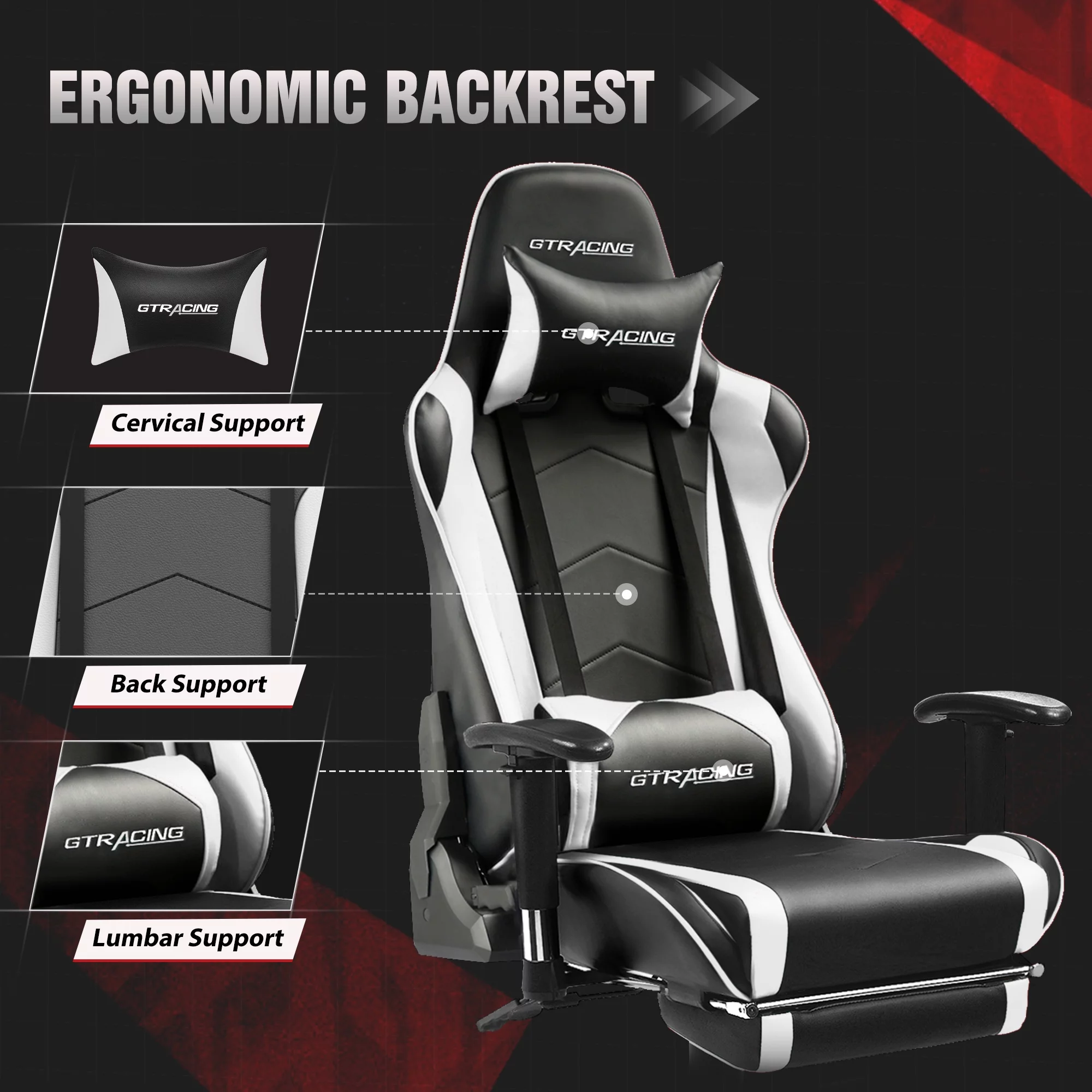 GTRACING Gaming Chair with Footrest PU Leather Office Chair with Adjustable Headrest, White