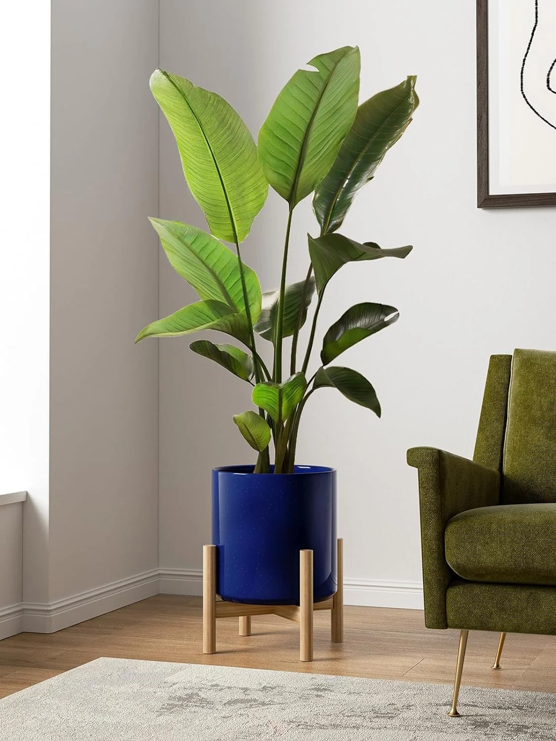 BEMAY 12 Inch Ceramic Large Plant Pot, Mid-Century Modern, with Drainage Hole and Removable Plug, Sapphire Blue