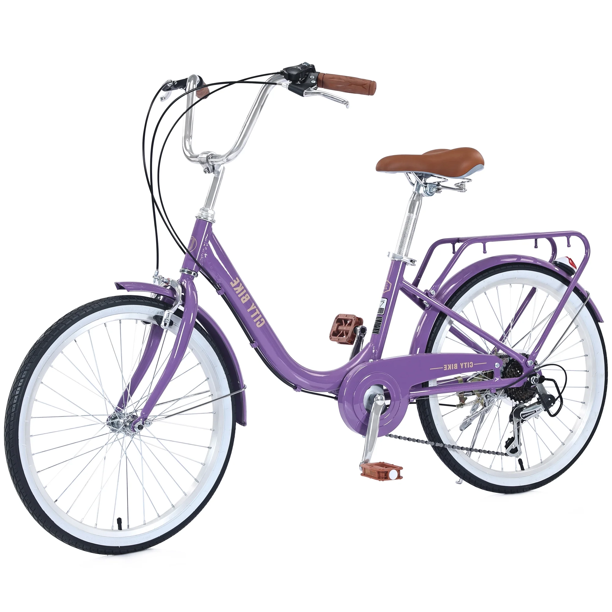 22 Inch Womens Beach Cruiser Bike, City Bike 7 Speeds Steel Frame with Rear Rack, Commuter Bicycle Purple