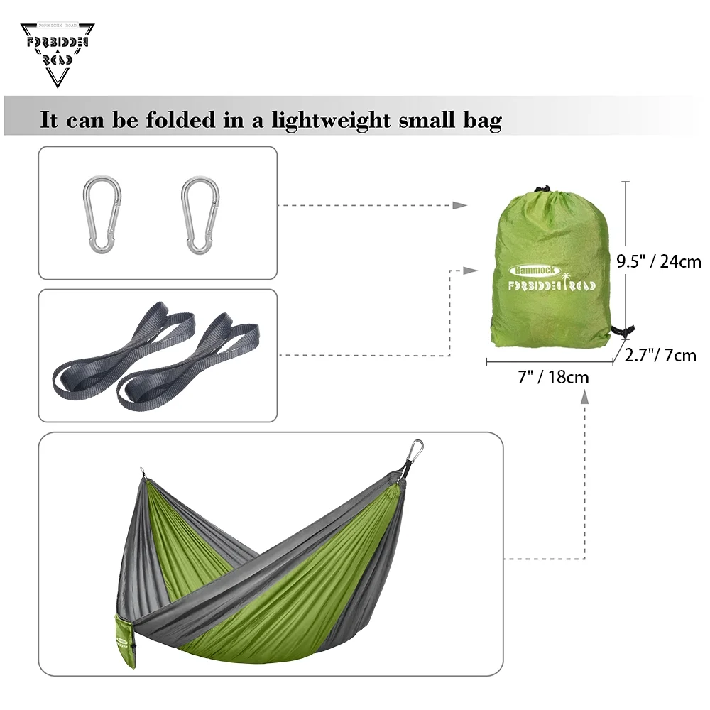 Forbidden Road Hammock Single Double Camping Lightweight Portable Hammock for Outdoor Hiking Travel Backpacking - Nylon Hammock Swing - Support 400lbs(Green & Gray