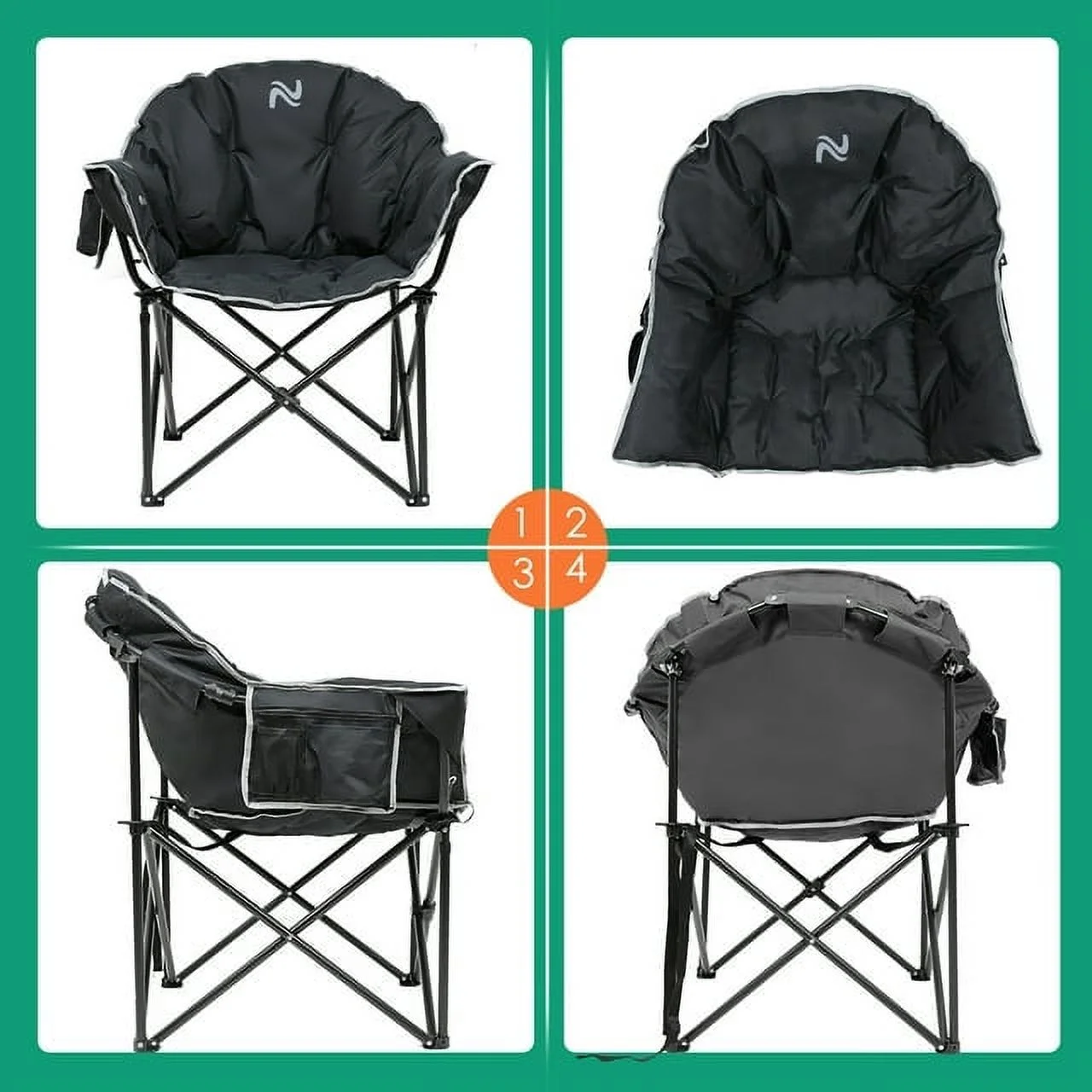 ABORON Oversized Folding Camping Chair, Padded Moon Round Chair for Adults, Foldable Saucer Recliner with Cup Holder & Carry Bag, Supports up to 500lbs