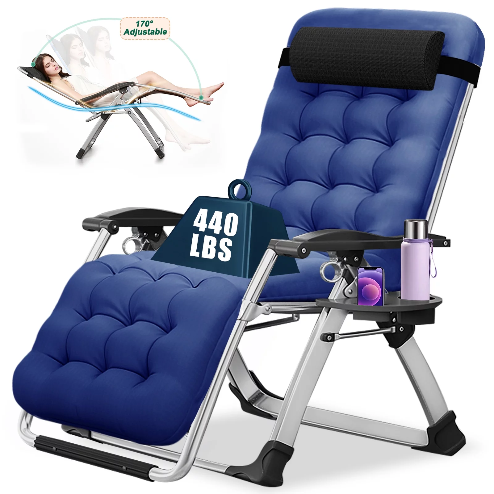 Slsy Zero Gravity Chair with with 2 Sided Cushion & Headrest, Lawn Recliner, Reclining Patio Lounger Chair, Folding Portable Chaise with Cup Holder