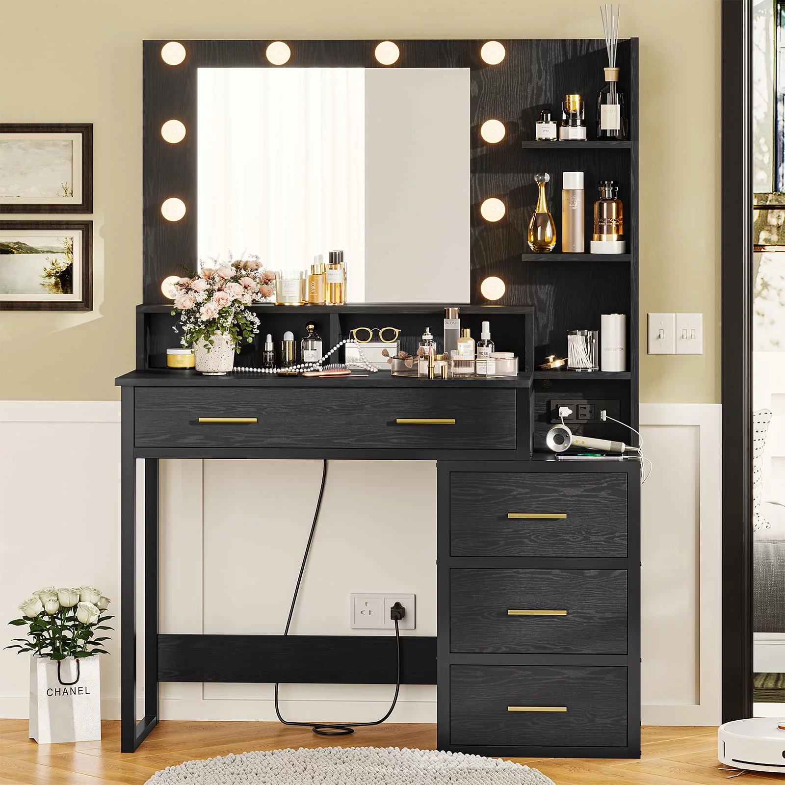 Makeup Vanity with 10 Light Bulbs, Modern Vanity Desk with Mirror and 3 Lighting Modes, Vanity Table with 2 USB Ports and Outlets, Black