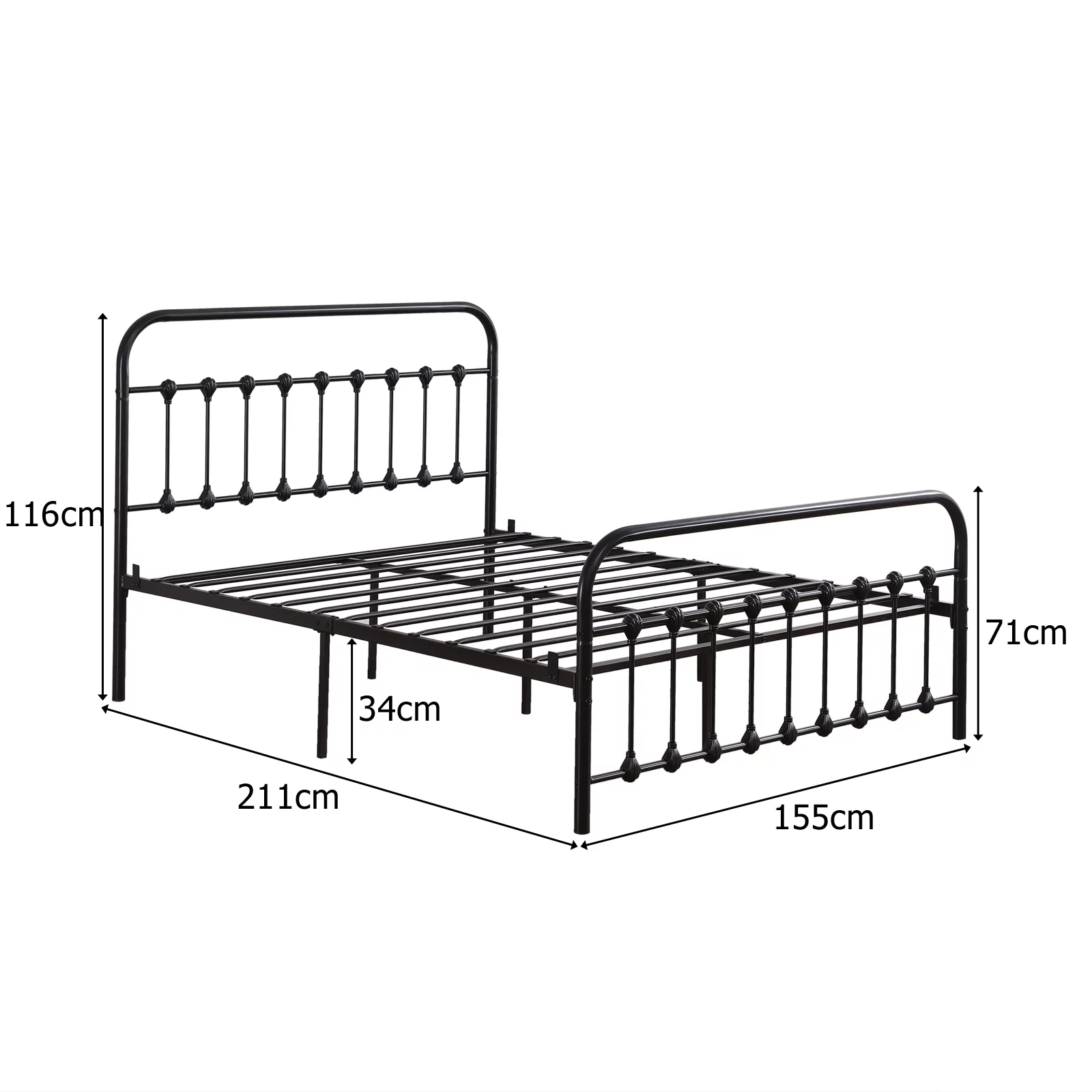 Queen Size Curved Frame Bed Head & Foot Iron Tube with Shell Decoration Black