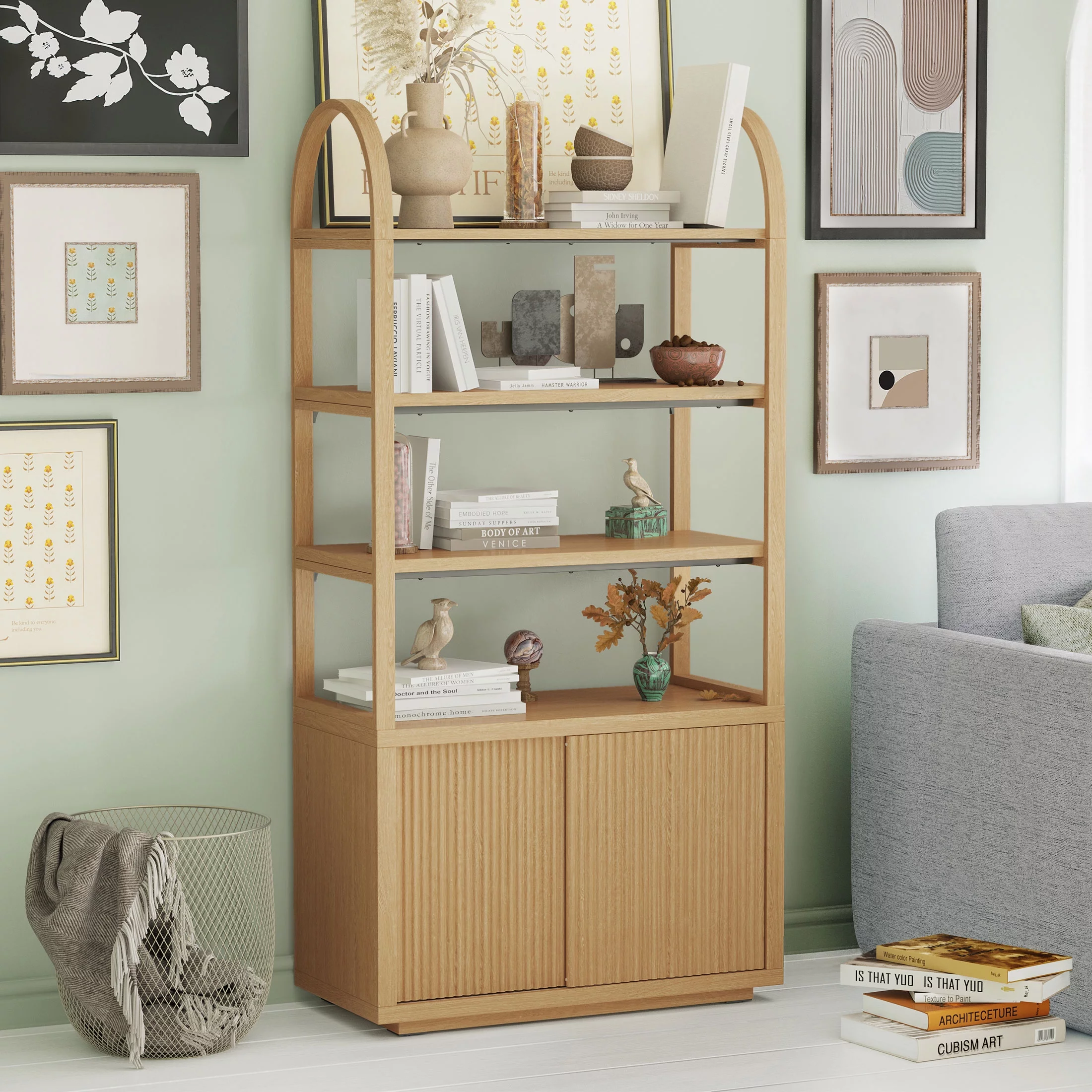 Beautiful Fluted 3-Shelf Bookcase with Storage Cabinet by Drew Barrymore, Warm Honey Finish