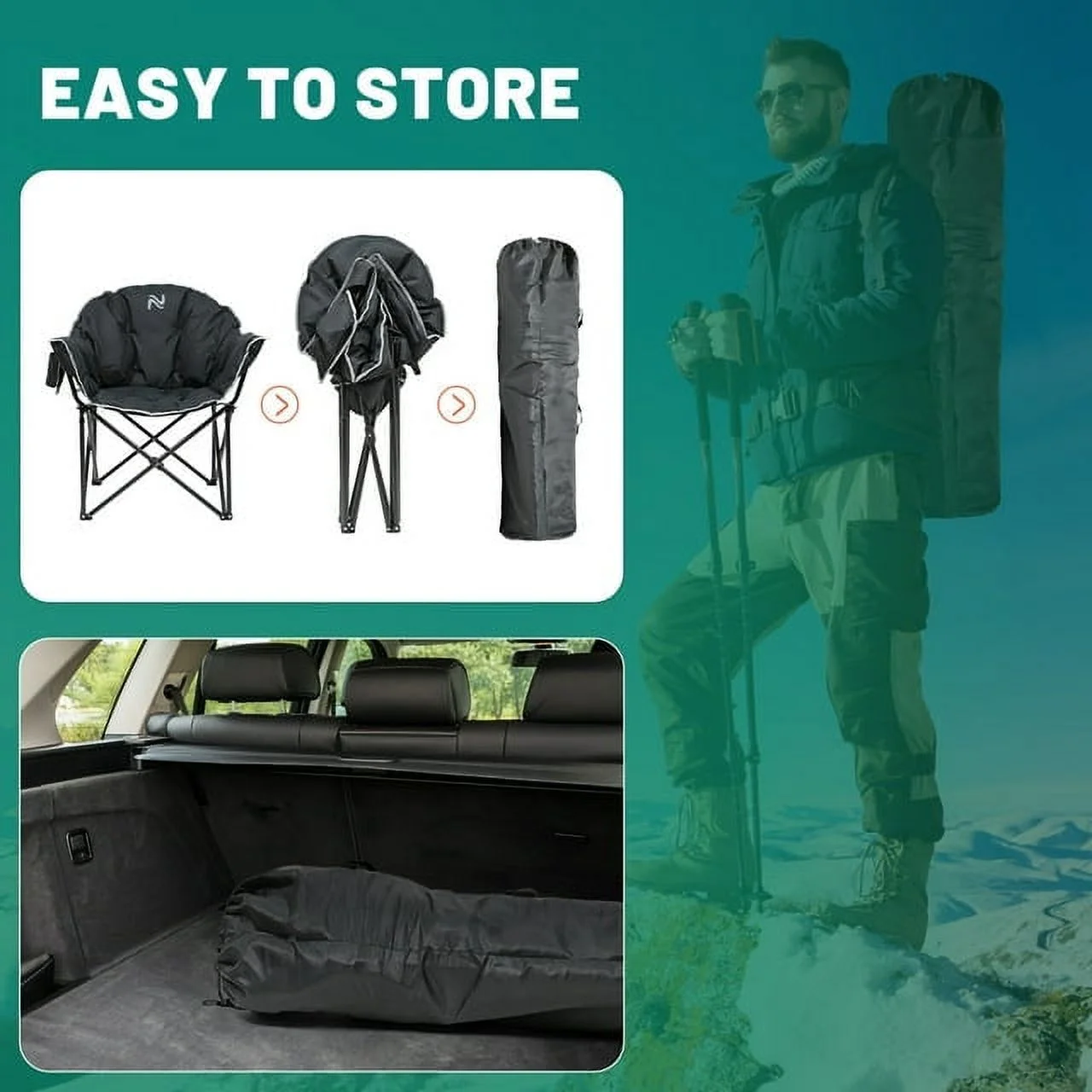 ABORON Oversized Folding Camping Chair, Padded Moon Round Chair for Adults, Foldable Saucer Recliner with Cup Holder & Carry Bag, Supports up to 500lbs