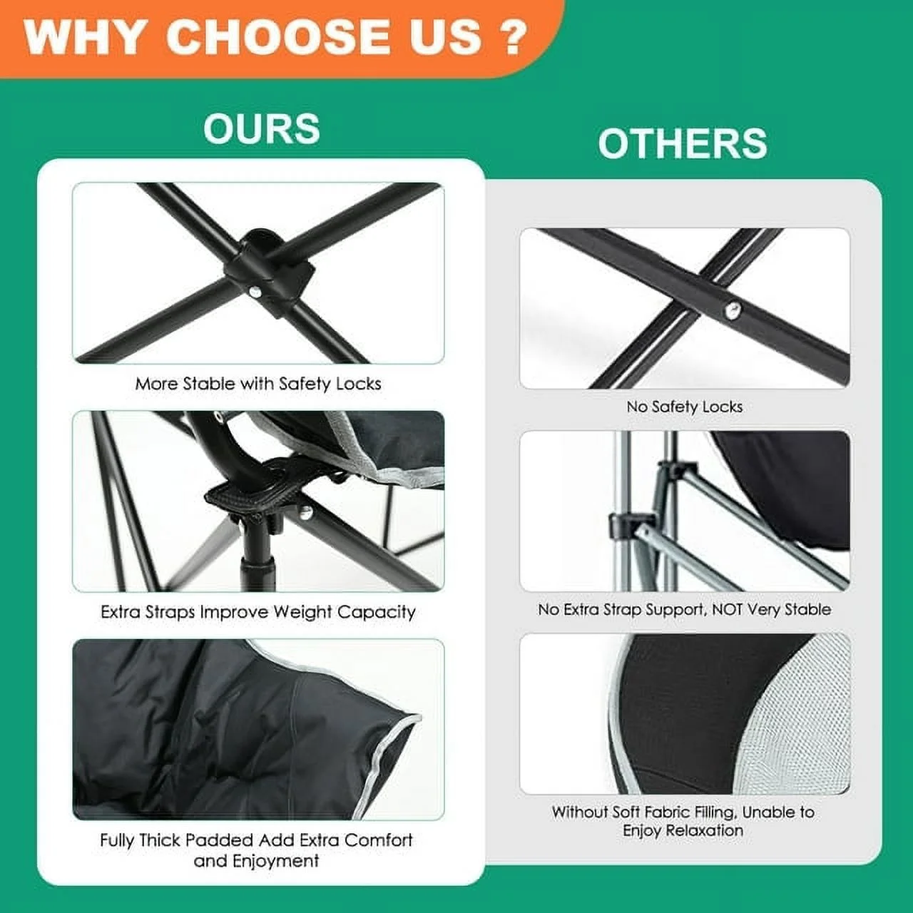 ABORON Oversized Folding Camping Chair, Padded Moon Round Chair for Adults, Foldable Saucer Recliner with Cup Holder & Carry Bag, Supports up to 500lbs