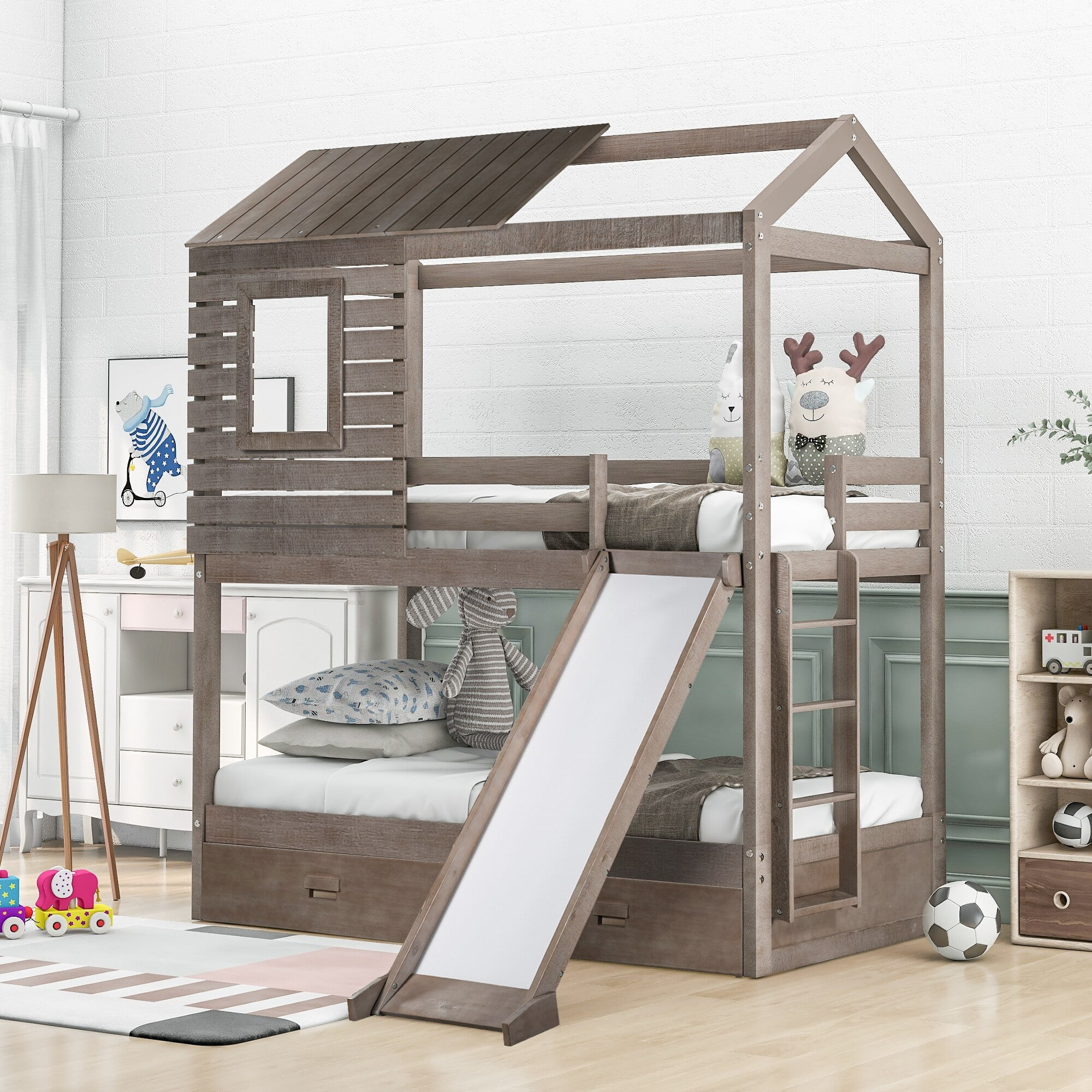 Home Adores, Inc. Rhett Twin Over Twin Bunk Bed with Two Drawers and Slide Antique Grey