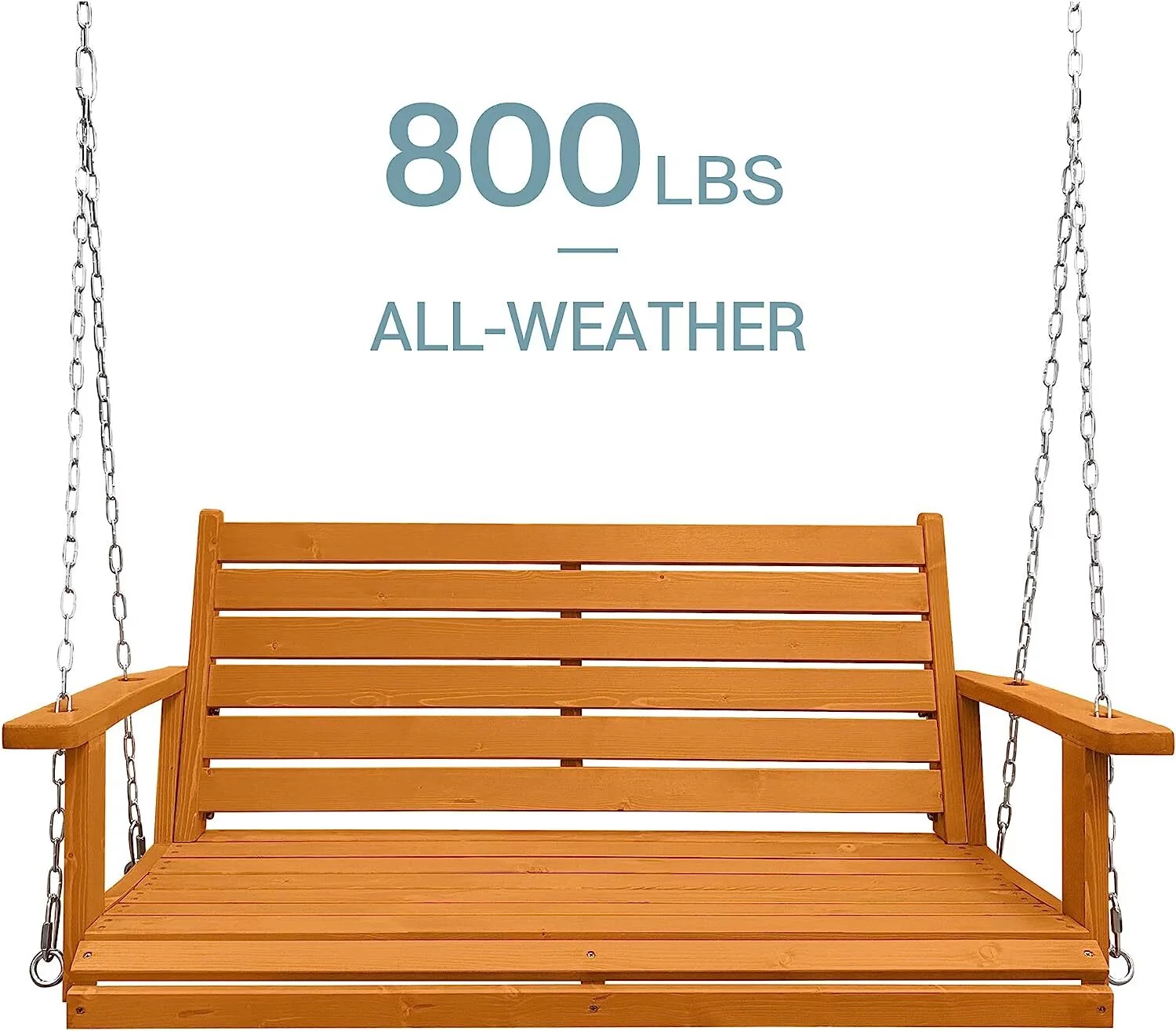 Wooden Porch Swing 2-Seater, Ergonomic Seat, 42.5 Inch Bench Swing for Outdoor Patio Garden Yard, Golden Honey