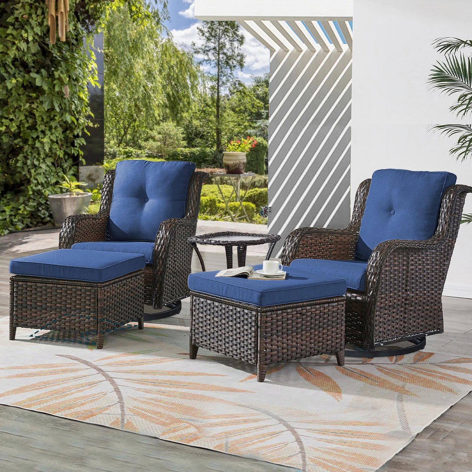 PARKWELL 5-Piece Outdoor Conversation Sets,Wicker Swivel Gliders with Ottomans,Side Table,Patio Seating Furniture with Blue Cushions,Brown Wicker