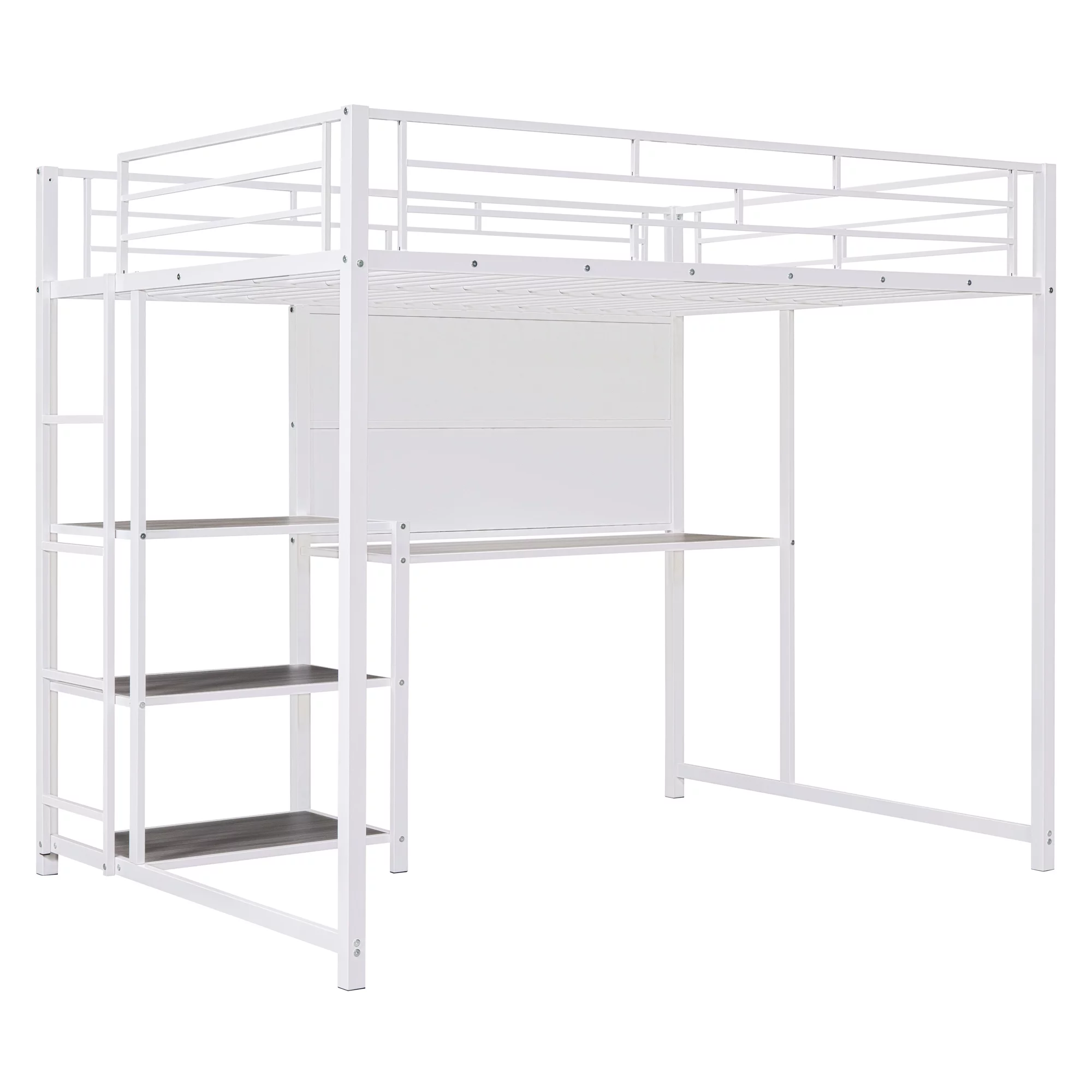 Sesslife Loft Bed for Kids, Full Size Loft Bed Frame with Desk and Whiteboard, Modern Metal Loft Bed with 3 Shelves and Ladder, White