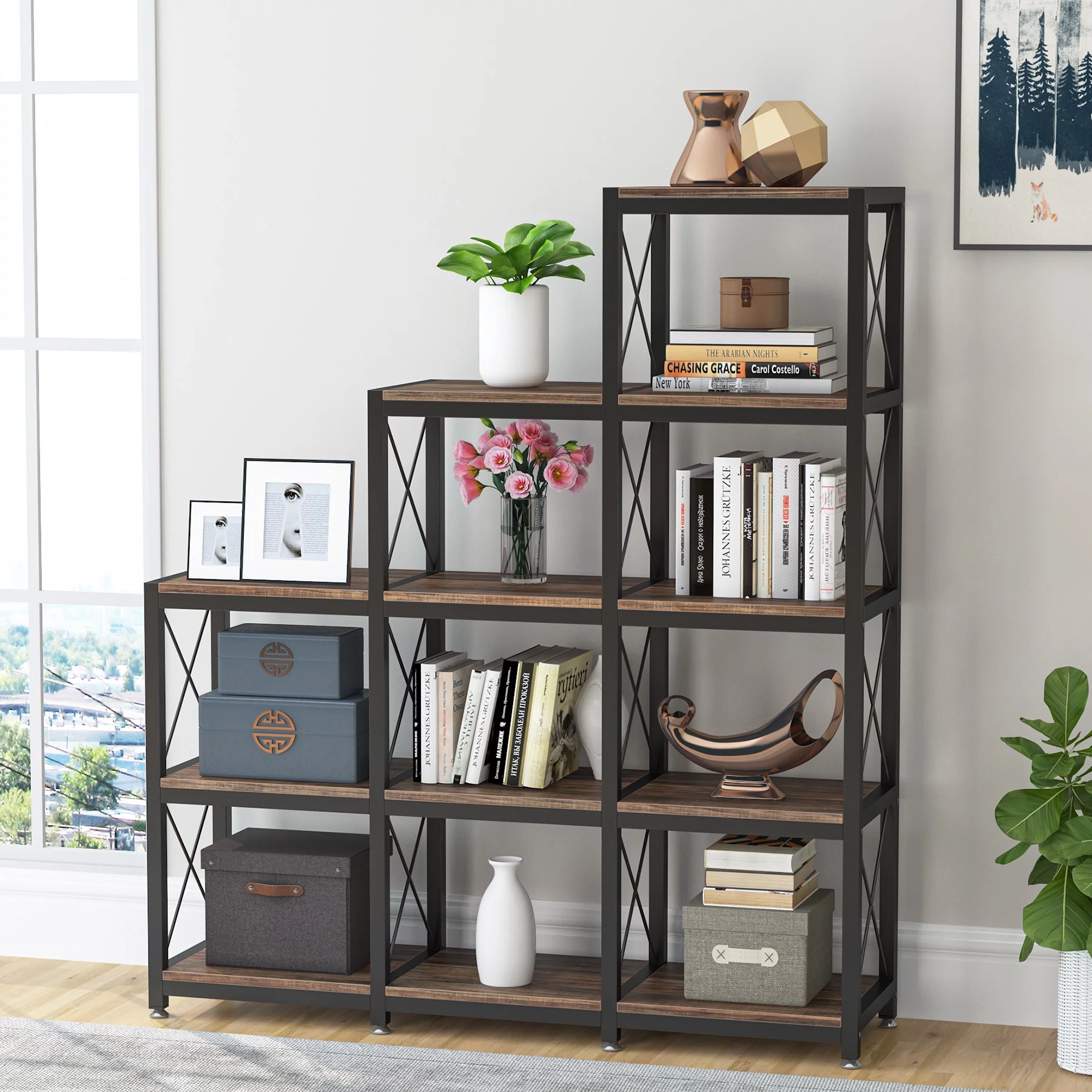 Tribesigns 12 Shelves Etagere Bookcase, Modern 9 Cubes Stepped Bookshelf, Industrial Ladder Corner Shelf Display Shelf Storage Organizer for Home Office