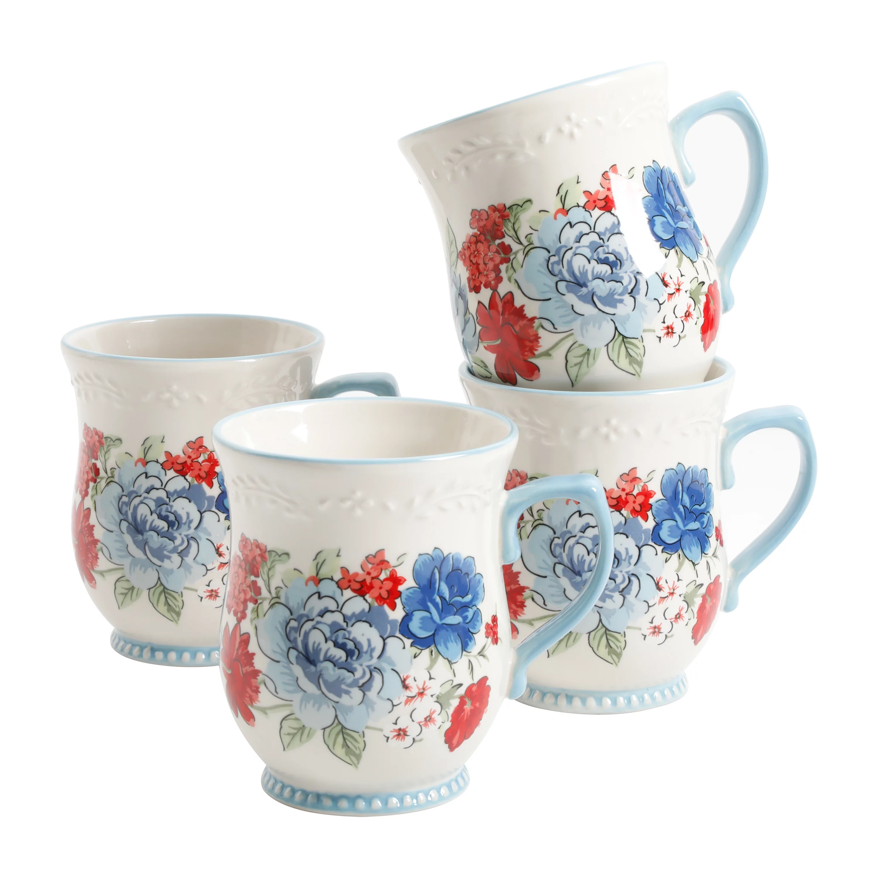 The Pioneer Woman Classic Charm White Ceramic 17-Ounce Mugs, 4-Pack