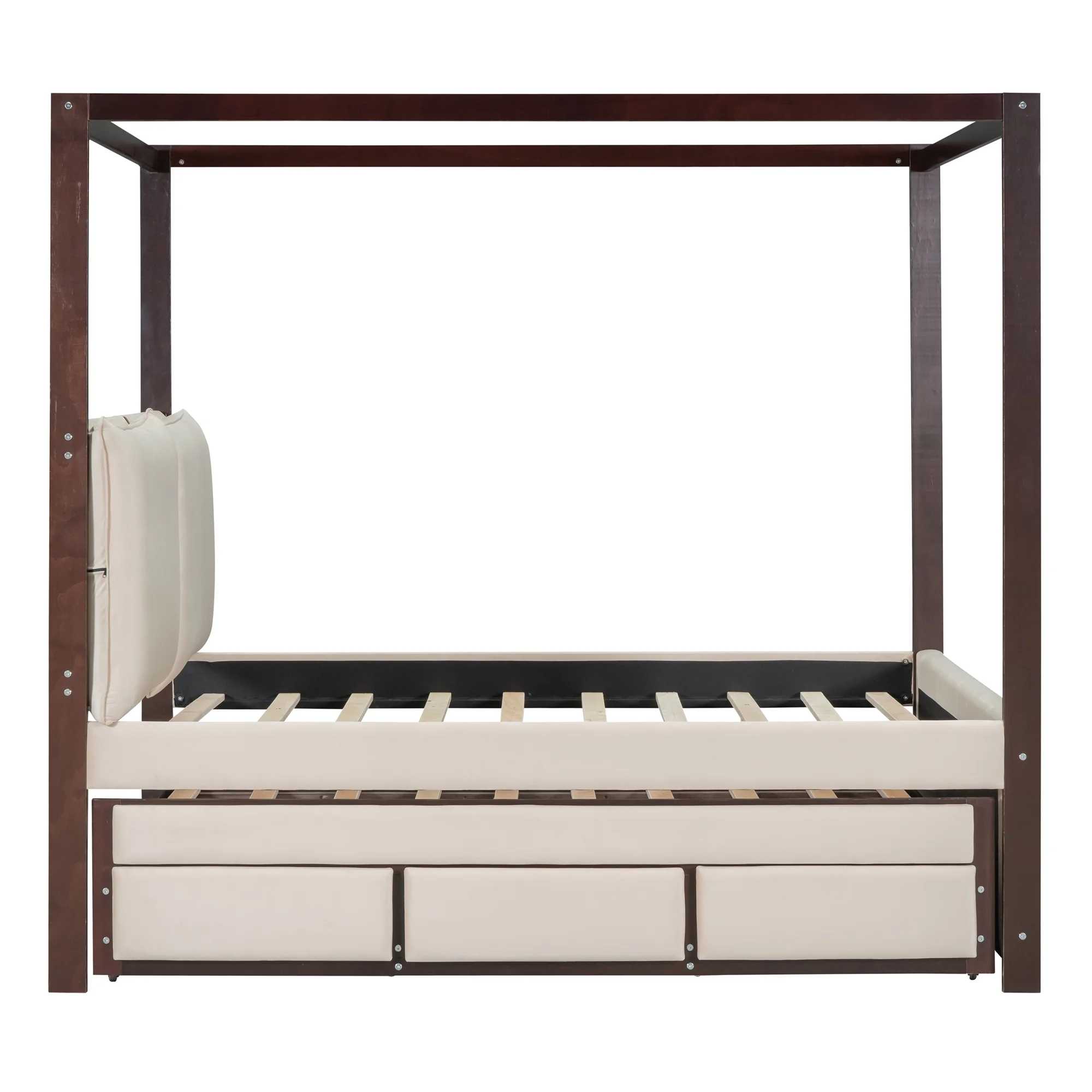 Churanty Full Size Upholstered Canopy Bed with Trundle and 3 Drawers, Beige