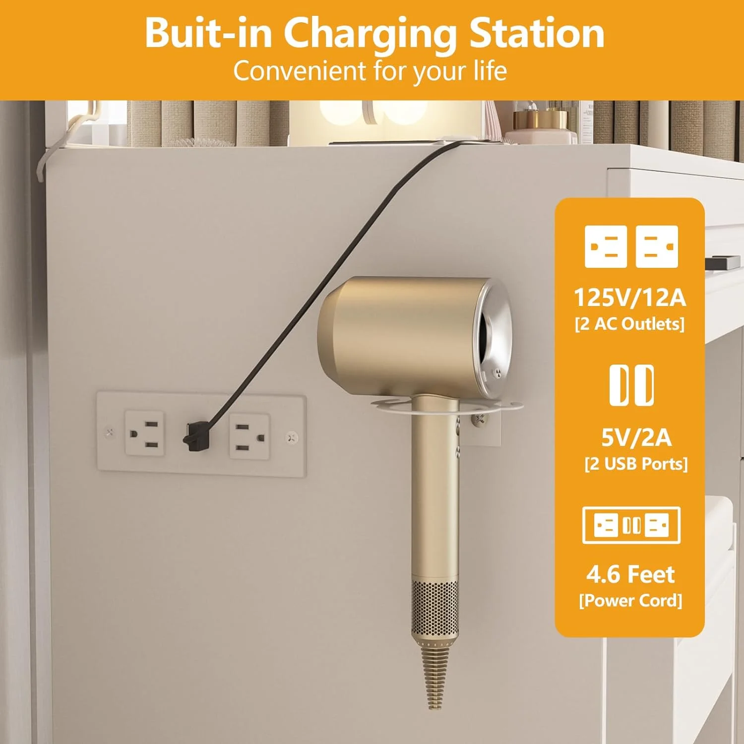 ONKER White Vanity Desk with Mirror and Lights,Glass Top Vanity Table with 3 Drawers and Cabinets,Large HD Mirror Makeup Desk,3 Lighting Modes, Brightness Adjustable,45 in(L)