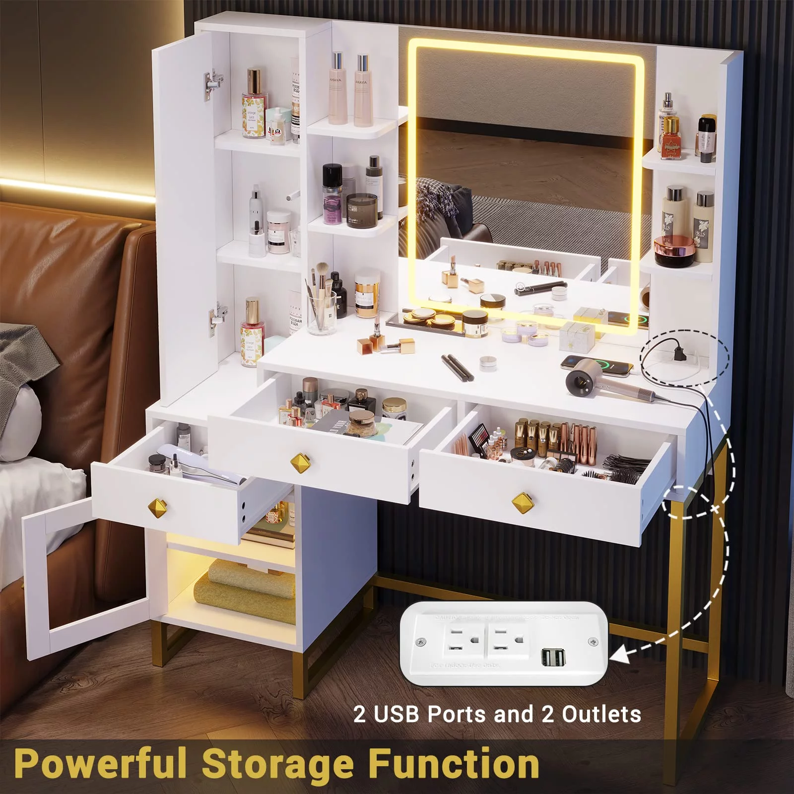 Makeup Vanity Desk with Lighted LED Mirror & Charging Station, Large LED Vanity Desk Dressing Table with 3 Drawers&RGB Cabinet&Nightstand for Women Girls, White&Gold