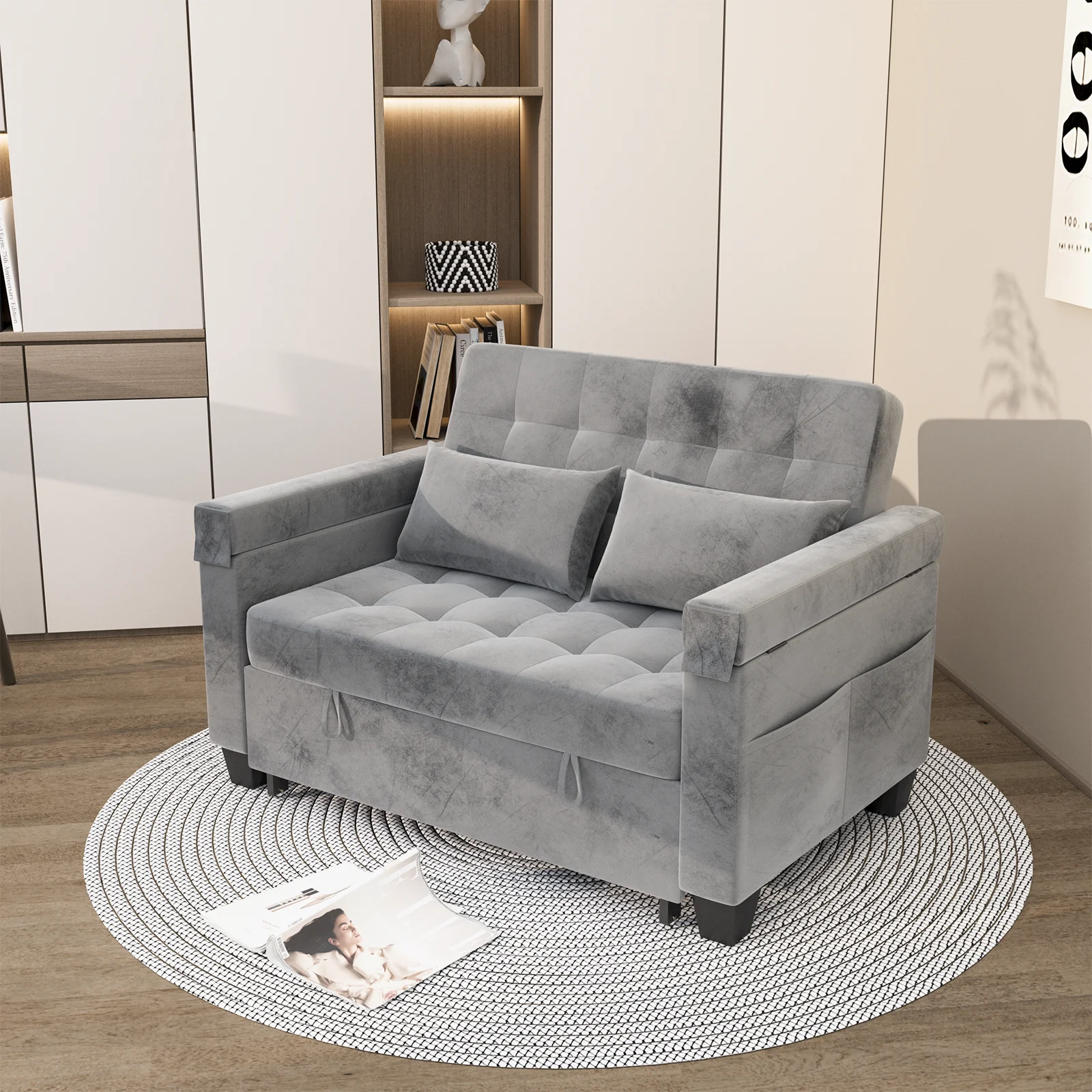 Belord 3-in-1 Convertible Pull Out Sleeper Sofa Bed with Storage Pockets and Side Table, Modern Velvet Loveseat Futon Couch with Adjsutable Backrest & 2 Pillows for Living Room, Bedroom, Grey